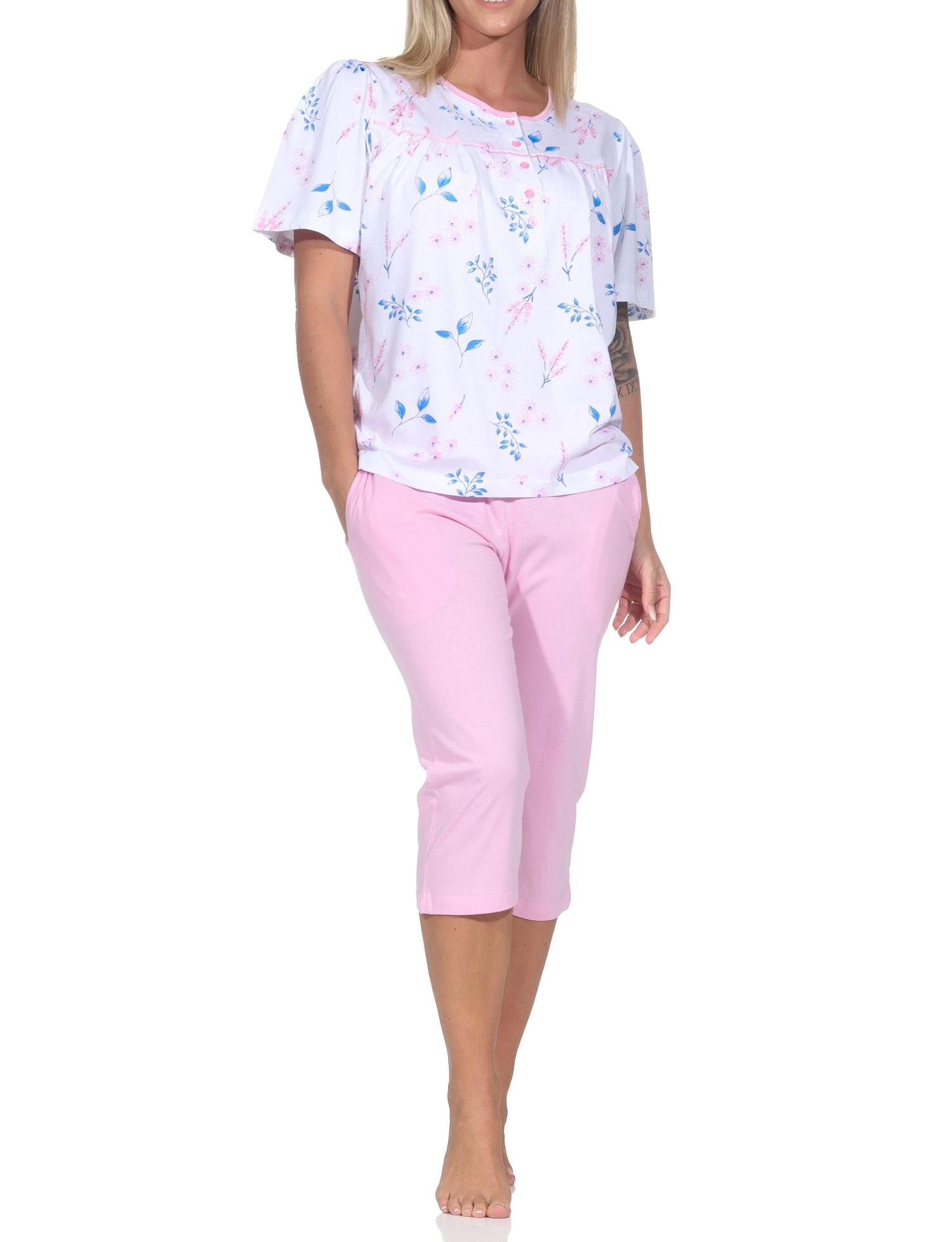 Normann Damen fraulicher kurzarm Capri Pyjama in Klassischer Optik – auch in Übergröße