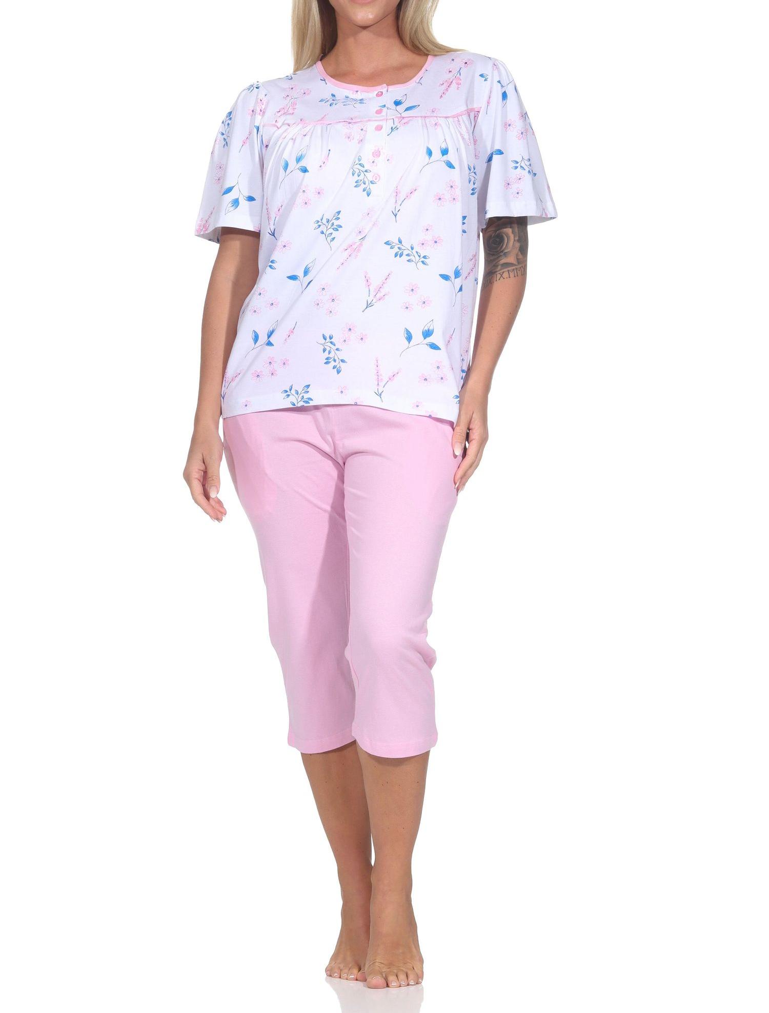 Normann Damen fraulicher kurzarm Capri Pyjama in Klassischer Optik – auch in Übergröße