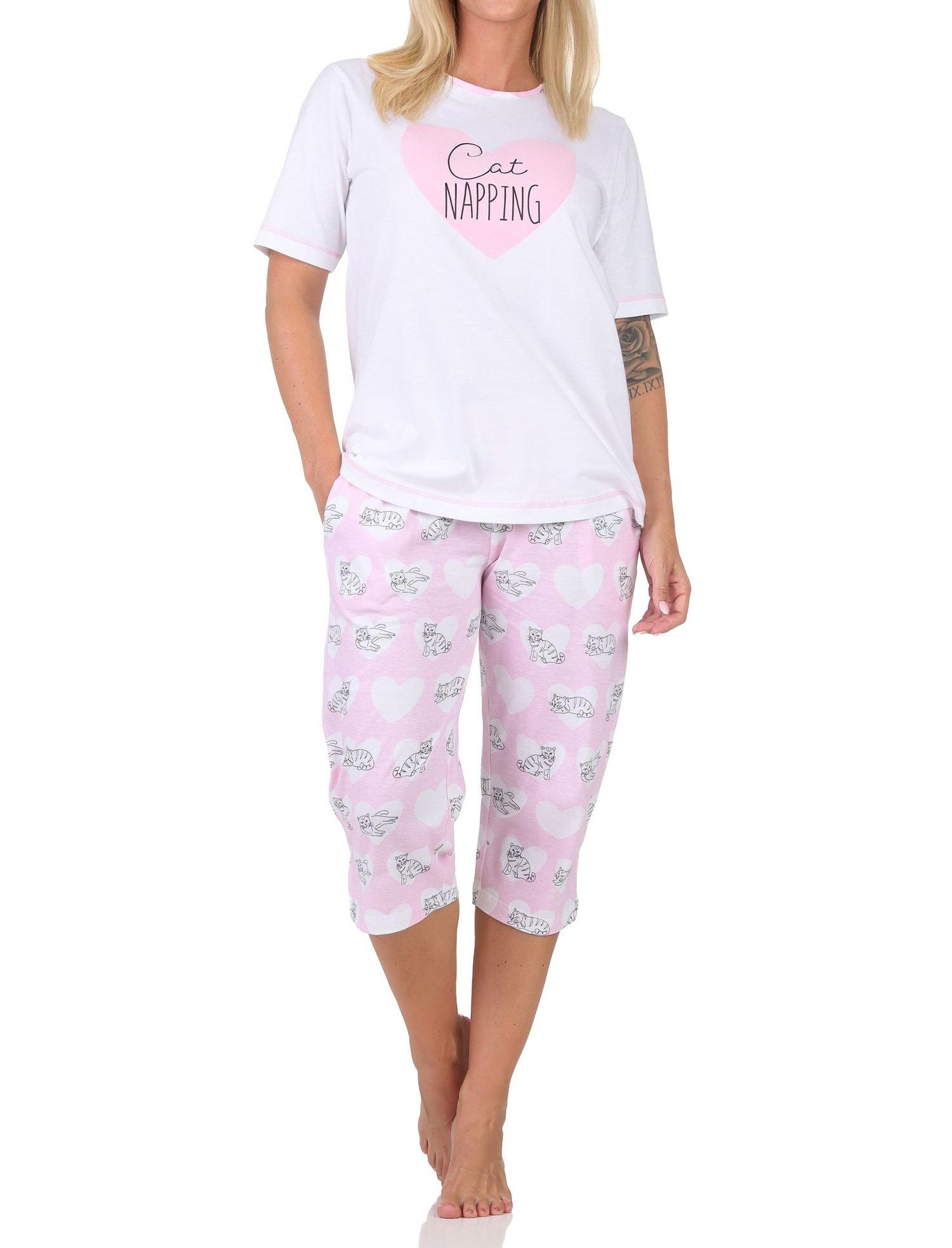 Normann Damen kurzarm Schlafanzug mit Caprihose Pyjama mit Herz und Katzenmotiv