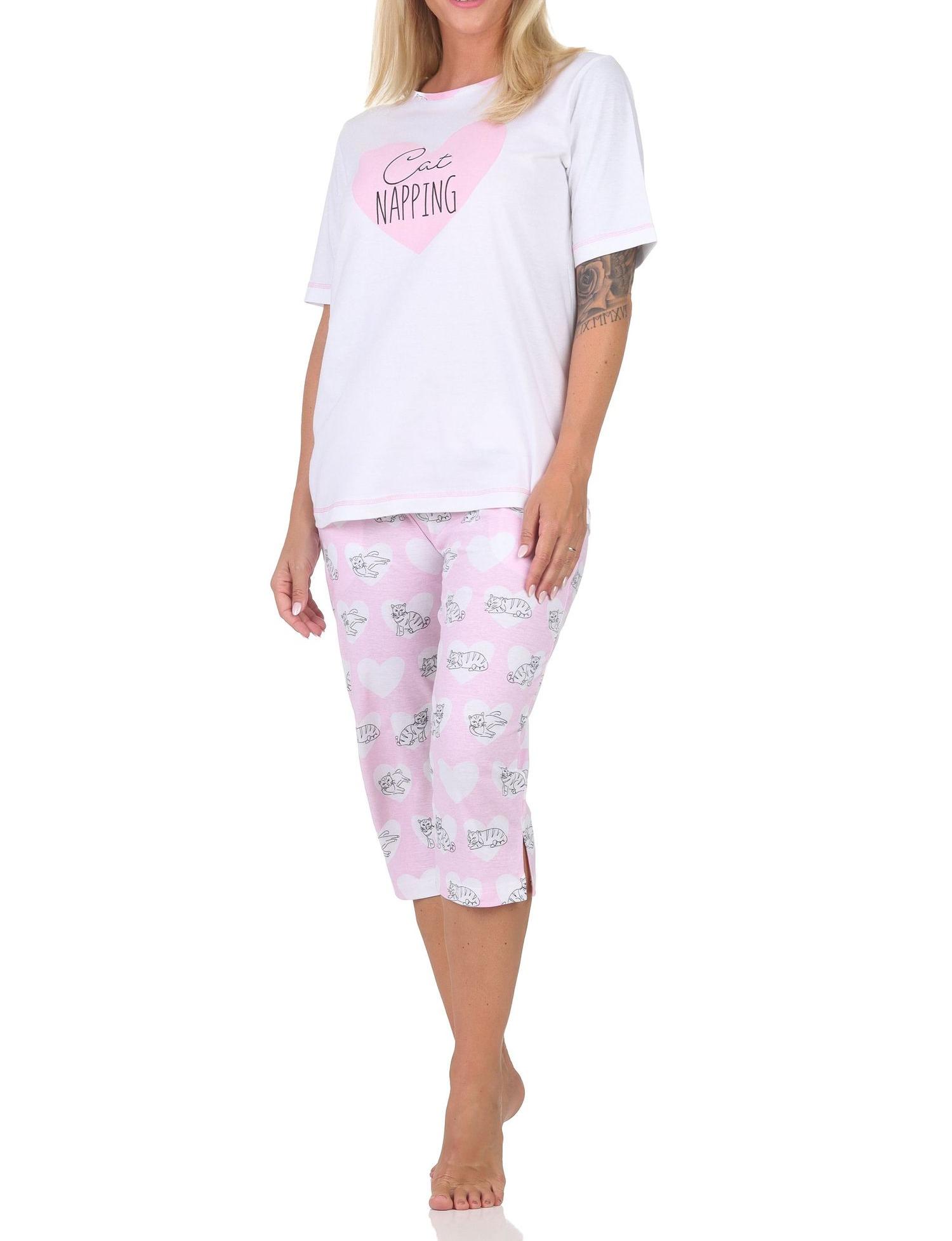 Normann Damen kurzarm Schlafanzug mit Caprihose Pyjama mit Herz und Katzenmotiv