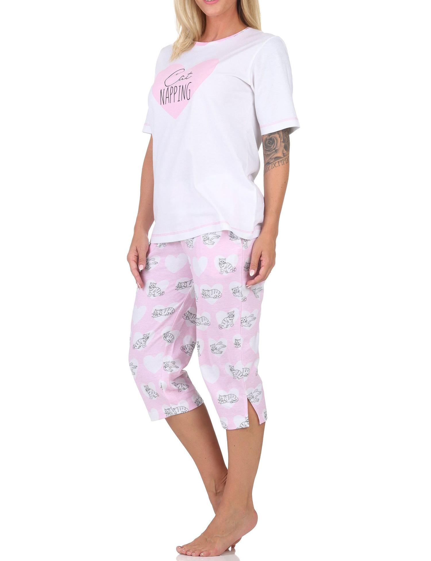 Normann Damen kurzarm Schlafanzug mit Caprihose Pyjama mit Herz und Katzenmotiv