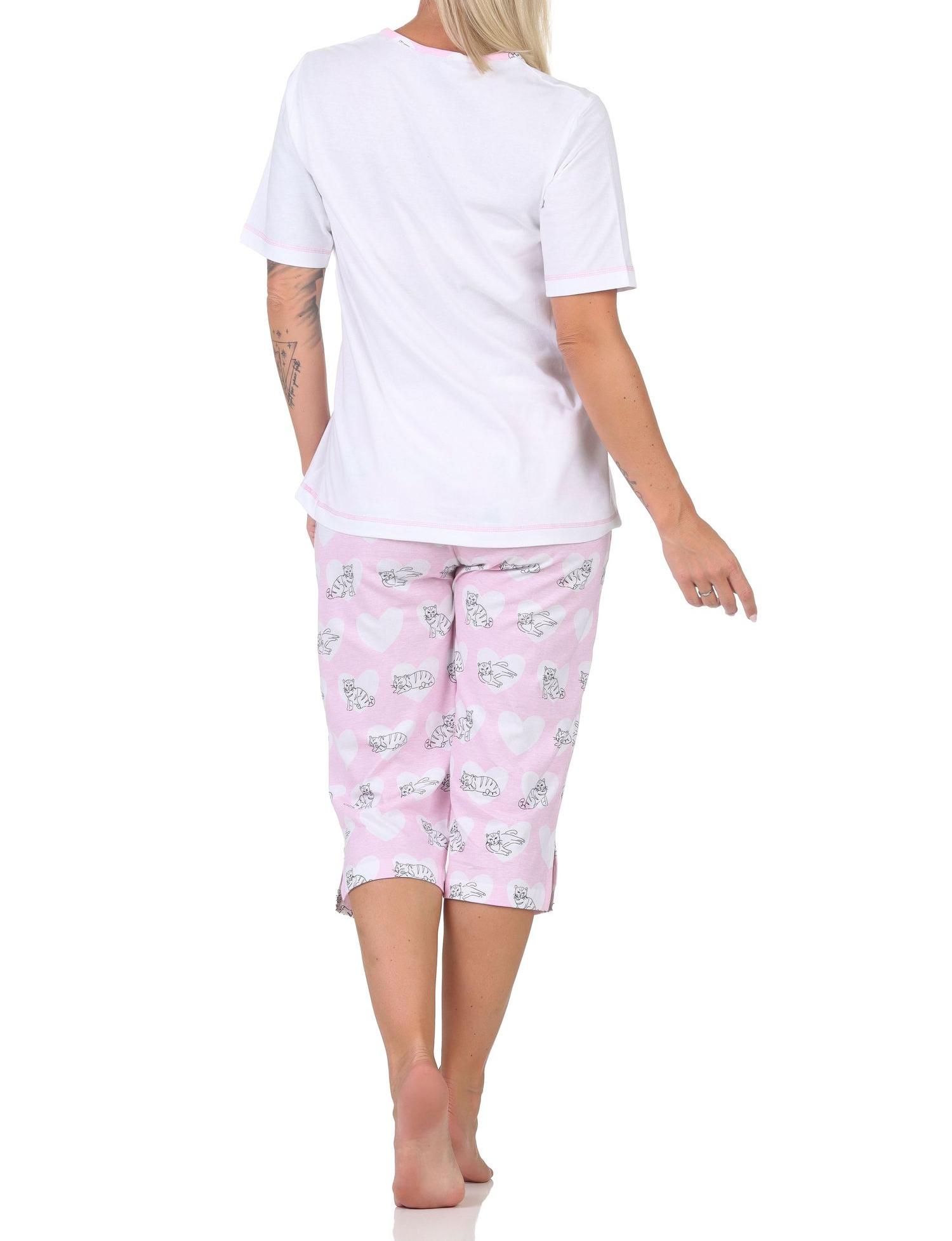 Normann Damen kurzarm Schlafanzug mit Caprihose Pyjama mit Herz und Katzenmotiv