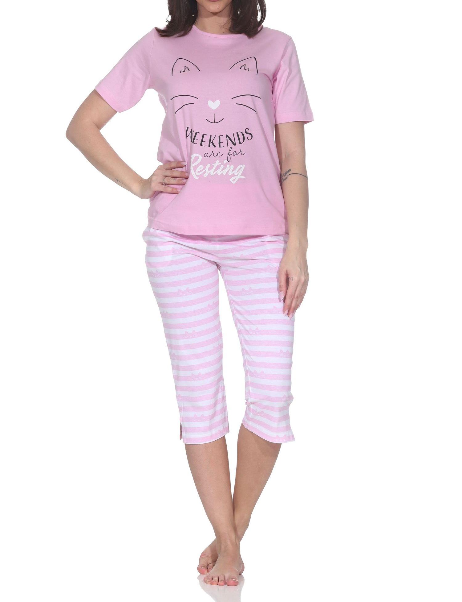 Normann Damen kurzarm Capri Schlafanzug Pyjama in Katzen Optik – auch in Übergrößen