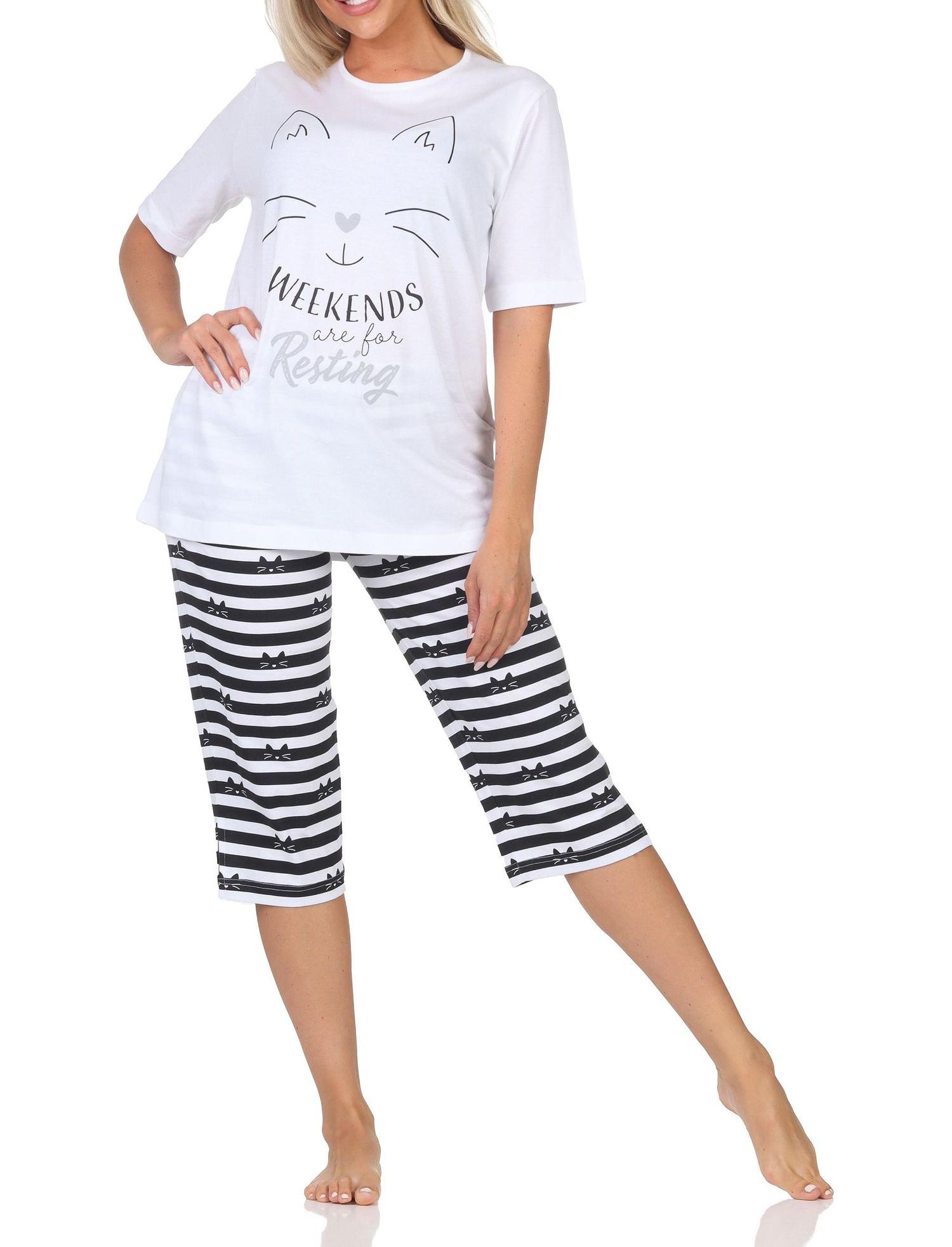 Normann Damen kurzarm Capri Schlafanzug Pyjama in Katzen Optik – auch in Übergrößen