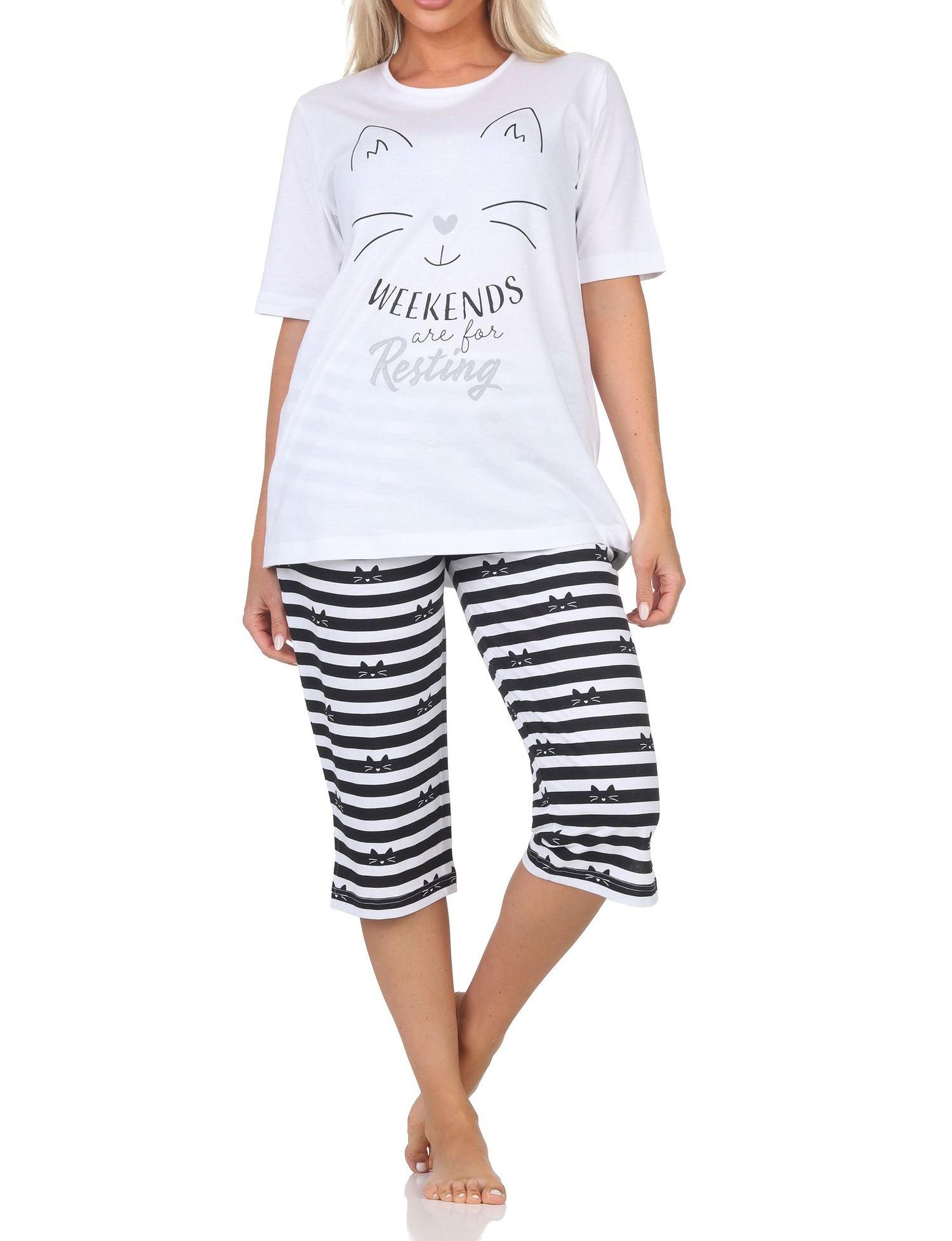Normann Damen kurzarm Capri Schlafanzug Pyjama in Katzen Optik – auch in Übergrößen