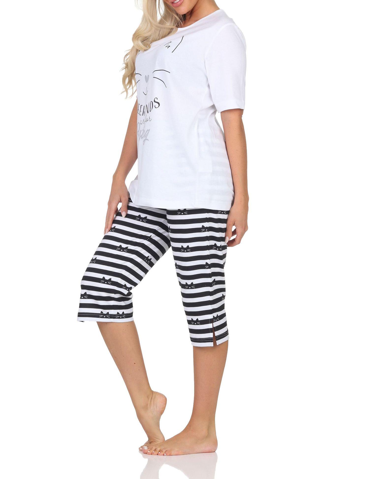 Normann Damen kurzarm Capri Schlafanzug Pyjama in Katzen Optik – auch in Übergrößen