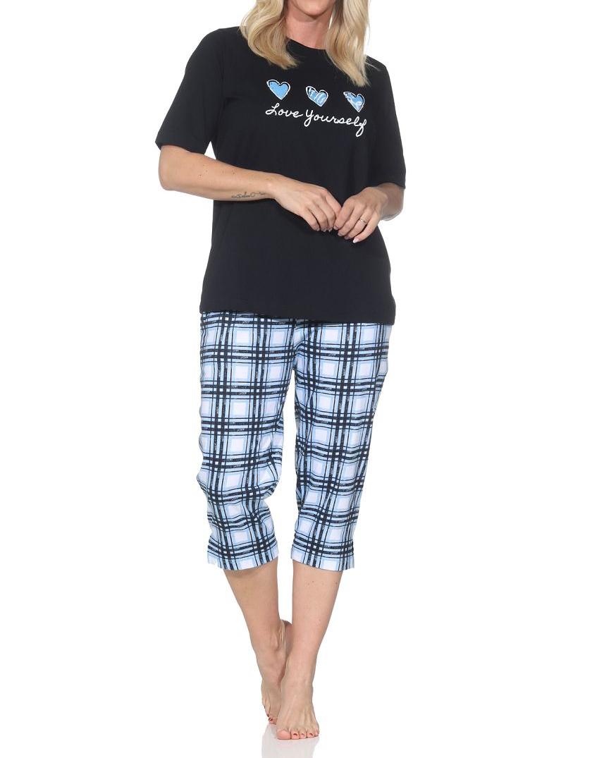 Normann Damen Schlafanzug mit karierter Pyjama-Caprihose aus Jersey - auch in Übergrößen