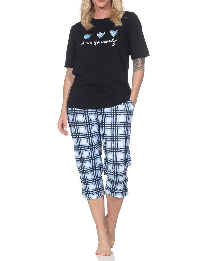 Normann Damen Schlafanzug mit karierter Pyjama-Caprihose aus Jersey - auch in Übergrößen