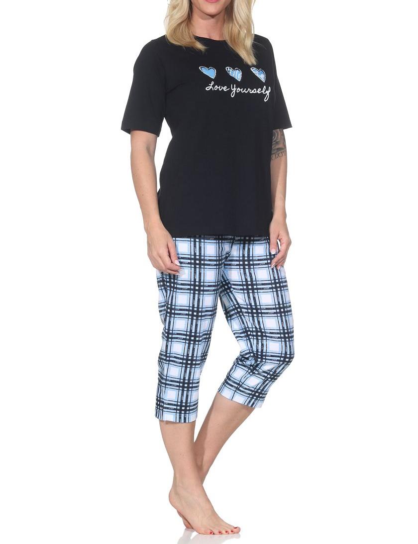 Normann Damen Schlafanzug mit karierter Pyjama-Caprihose aus Jersey - auch in Übergrößen