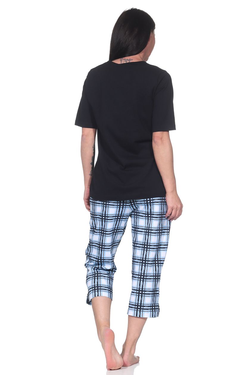 Normann Damen Schlafanzug mit karierter Pyjama-Caprihose aus Jersey - auch in Übergrößen