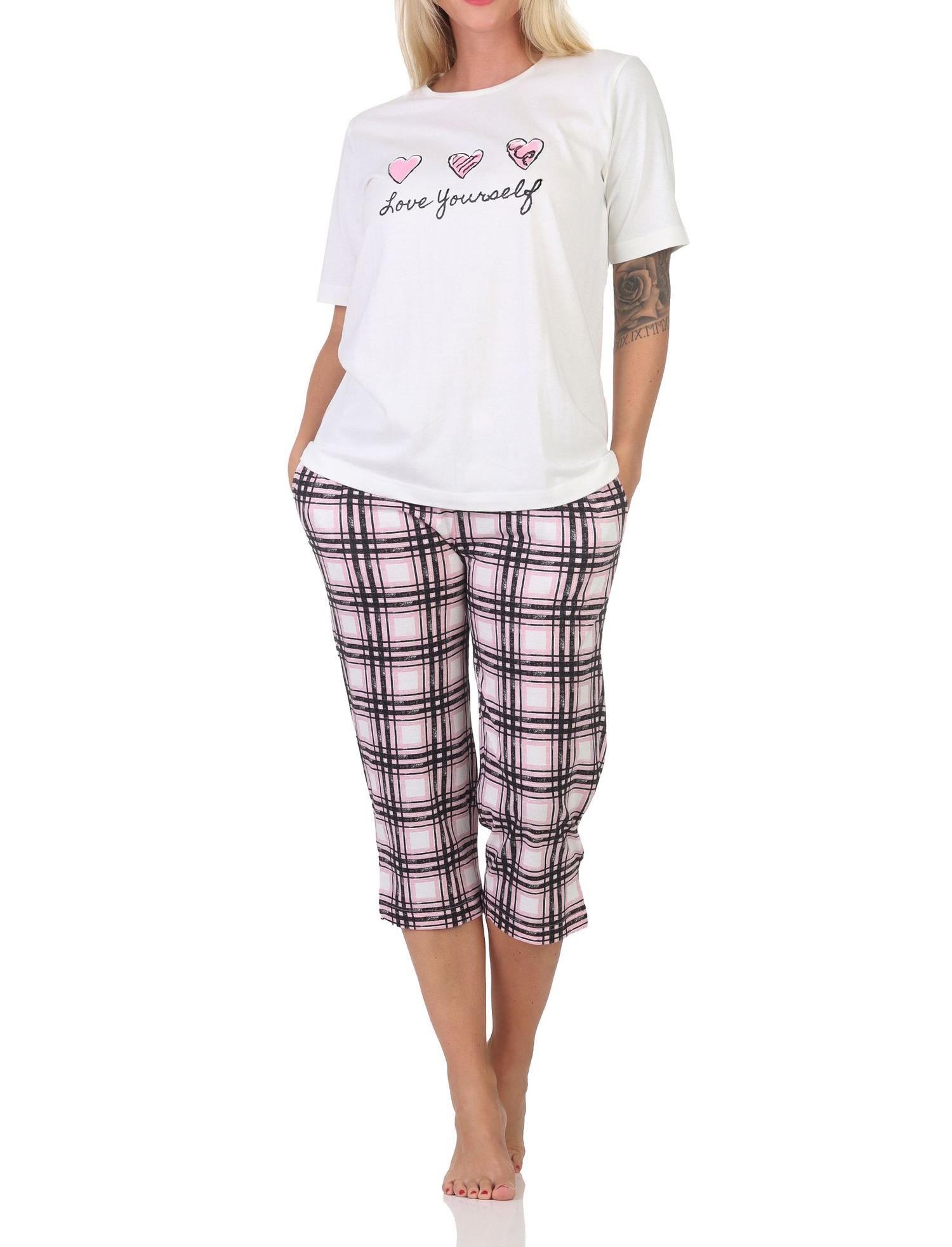 Normann Damen Schlafanzug mit karierter Pyjama-Caprihose aus Jersey - auch in Übergrößen