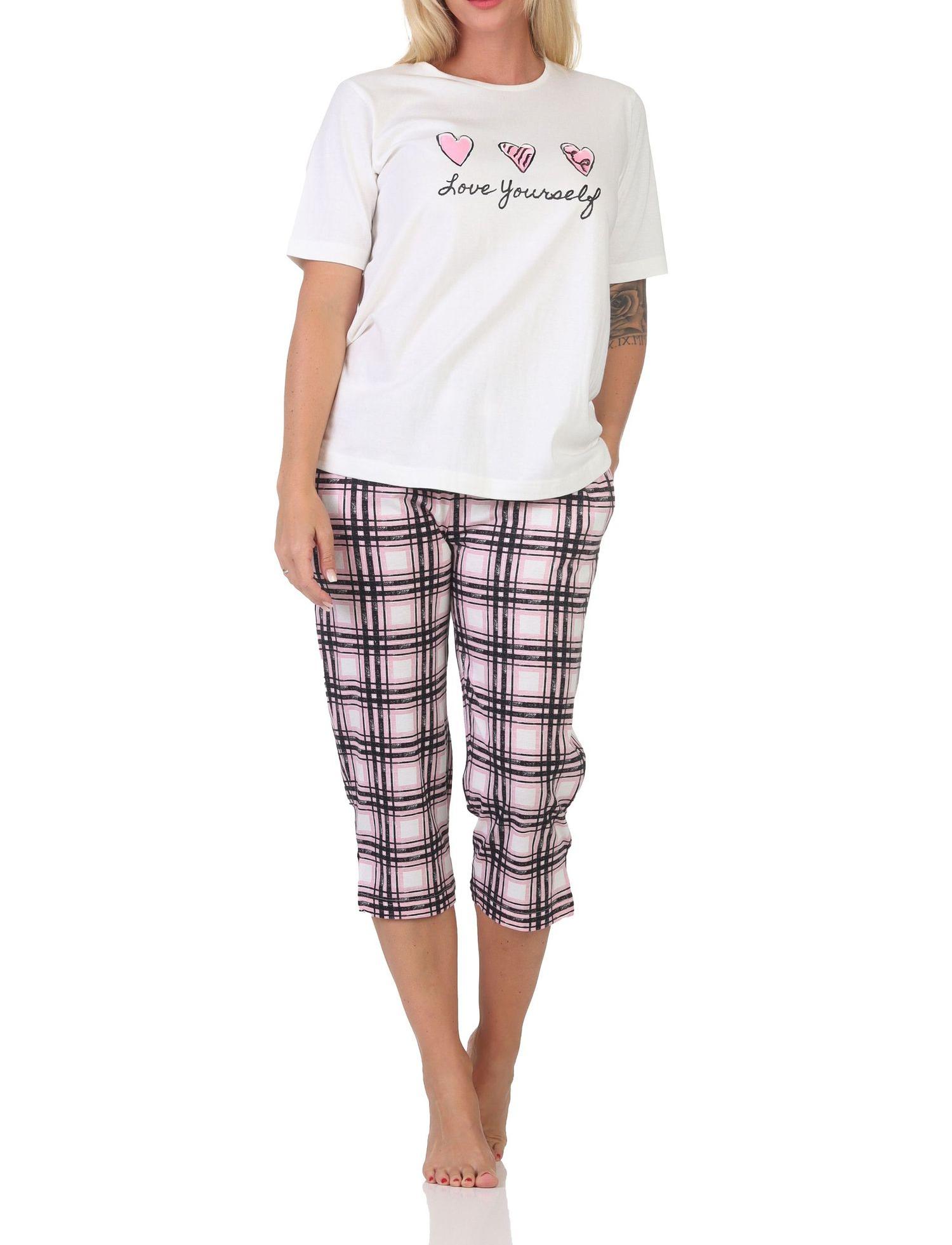 Normann Damen Schlafanzug mit karierter Pyjama-Caprihose aus Jersey - auch in Übergrößen