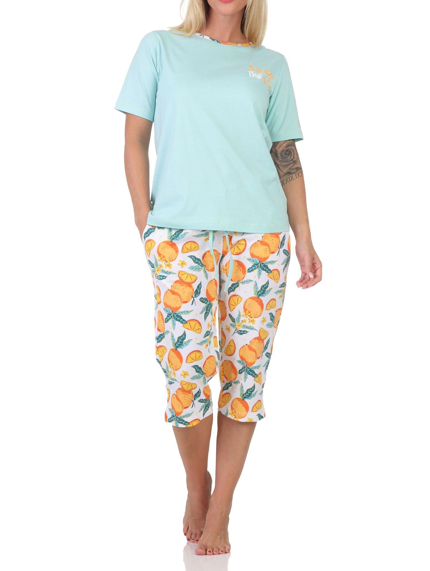 Normann Damen kurzarm Schlafanzug Pyjama in frischer Optik mit Caprihose
