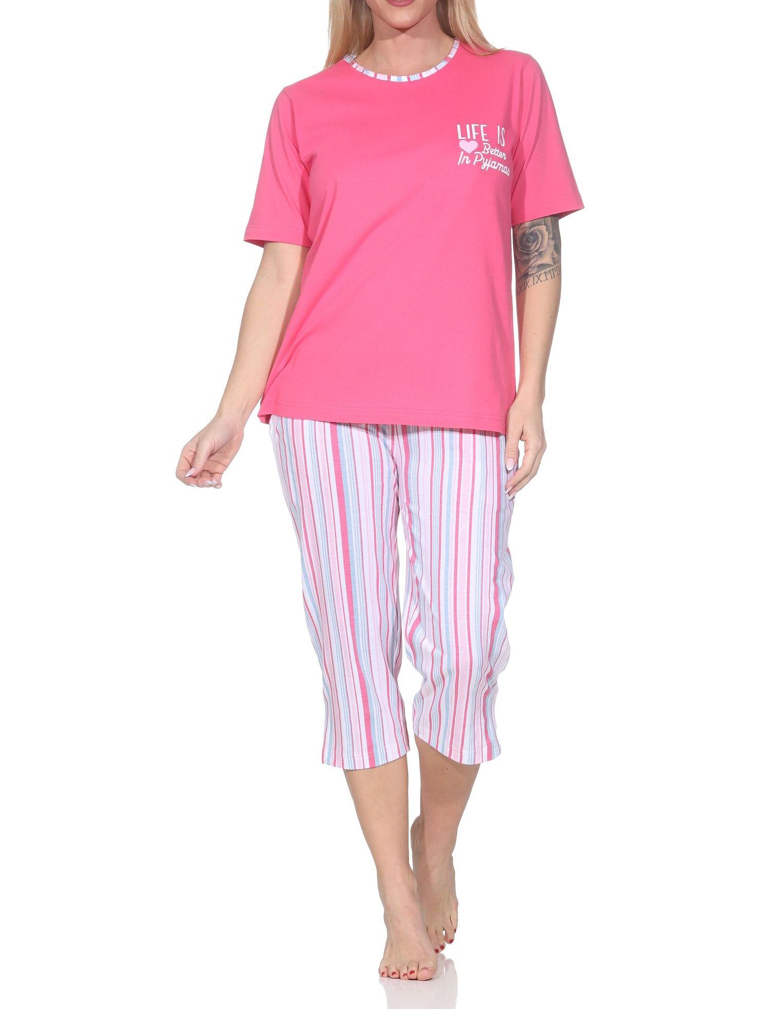 Normann Damen Capri Schlafanzug kurzarm Pyjama in edler Streifenoptik – auch in Übergröße