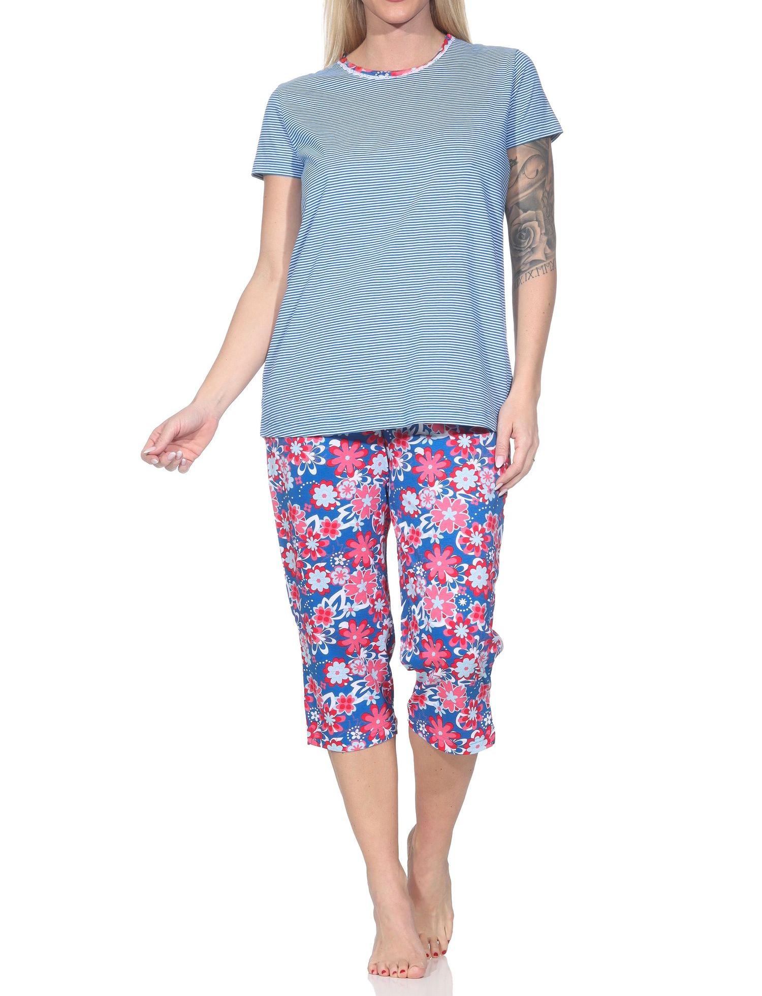 Normann Damen kurzarm Schlafanzug mit Caprihose, Oberteil gestreift – auch in Übergrößen