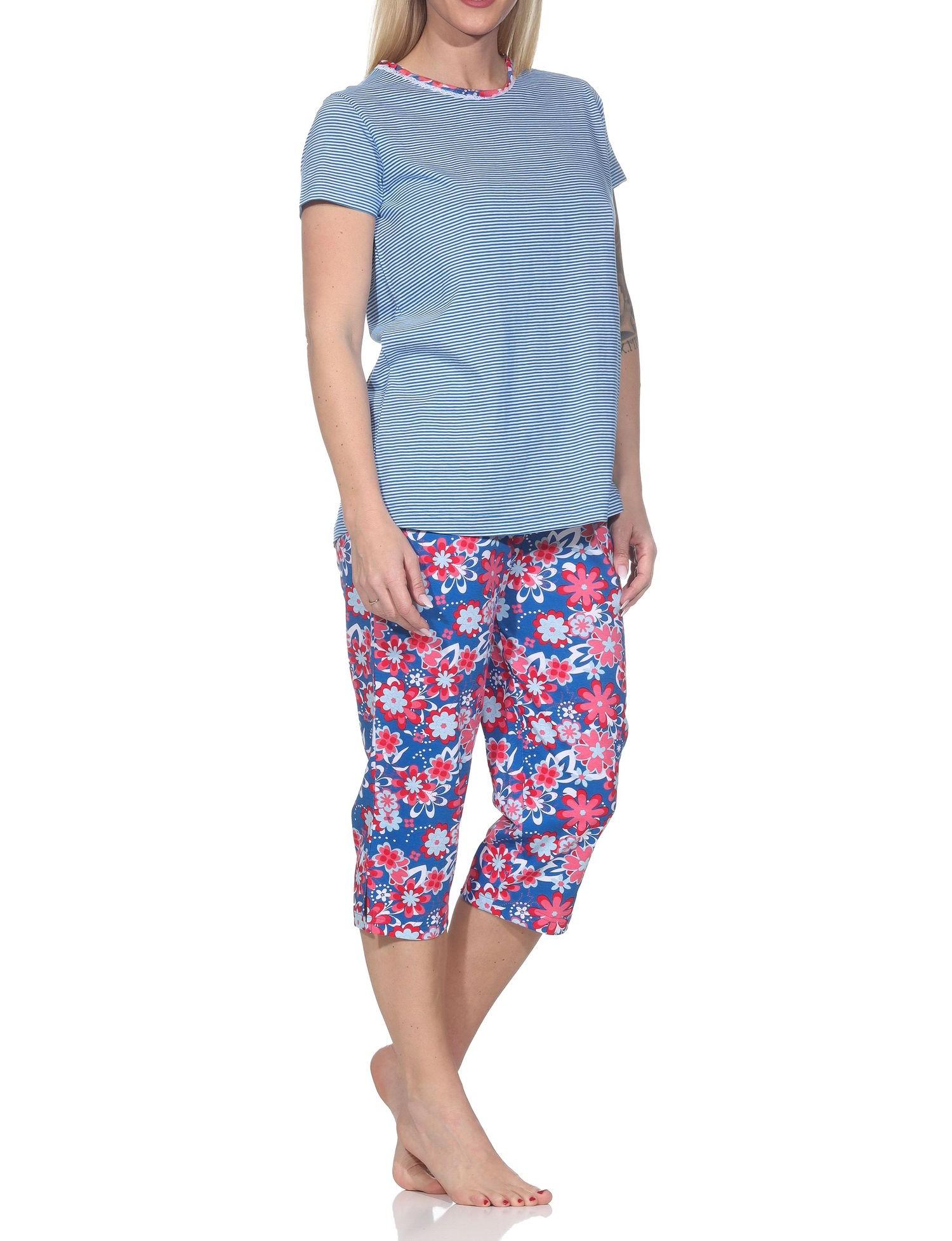 Normann Damen kurzarm Schlafanzug mit Caprihose, Oberteil gestreift – auch in Übergrößen