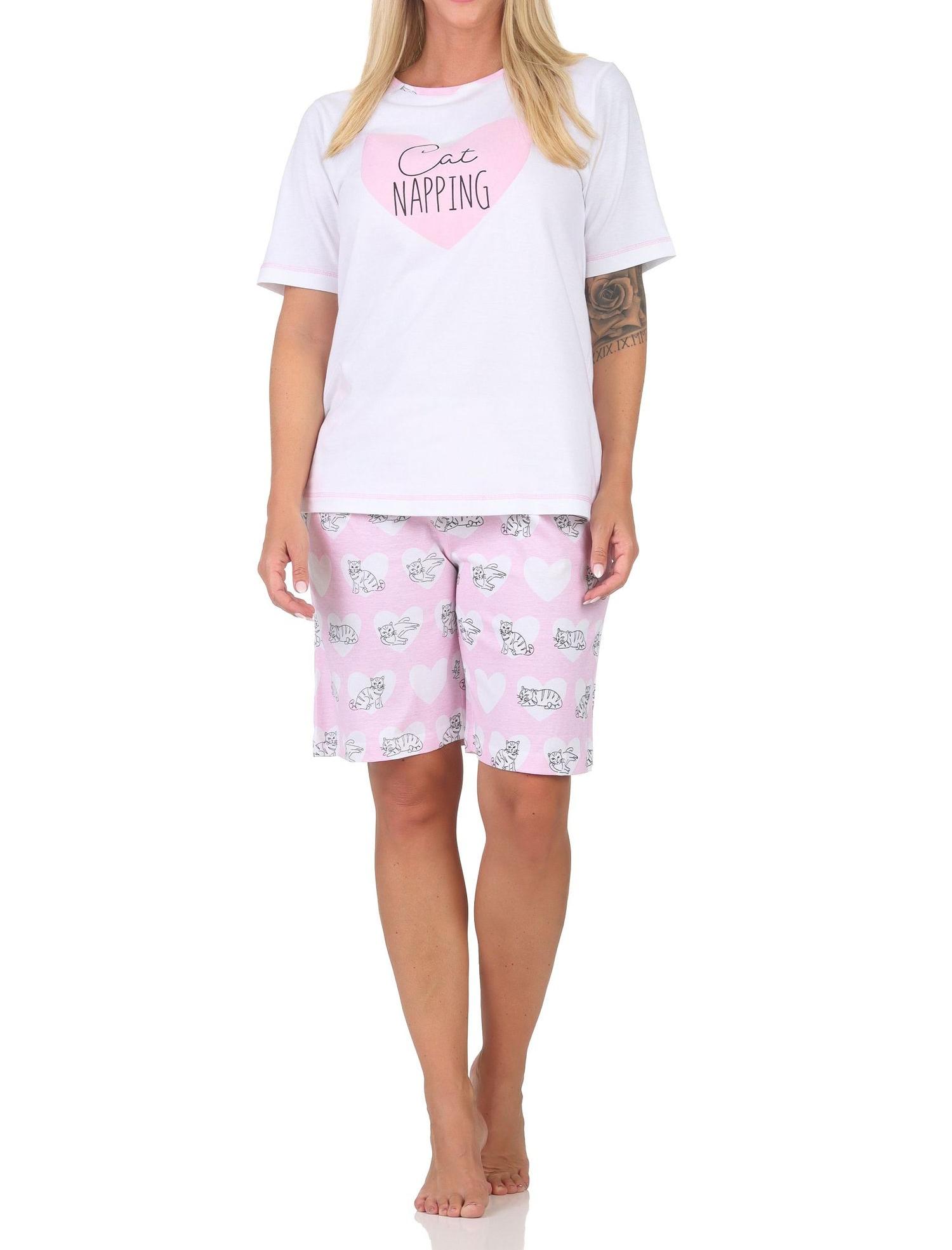 Normann Damen kurzarm Schlafanzug Shorty Pyjama mit Herz und Katzenmotiv Normann Damen kurzarm Schlafanzug Shorty Pyjama mit Herz und Katzenmotiv