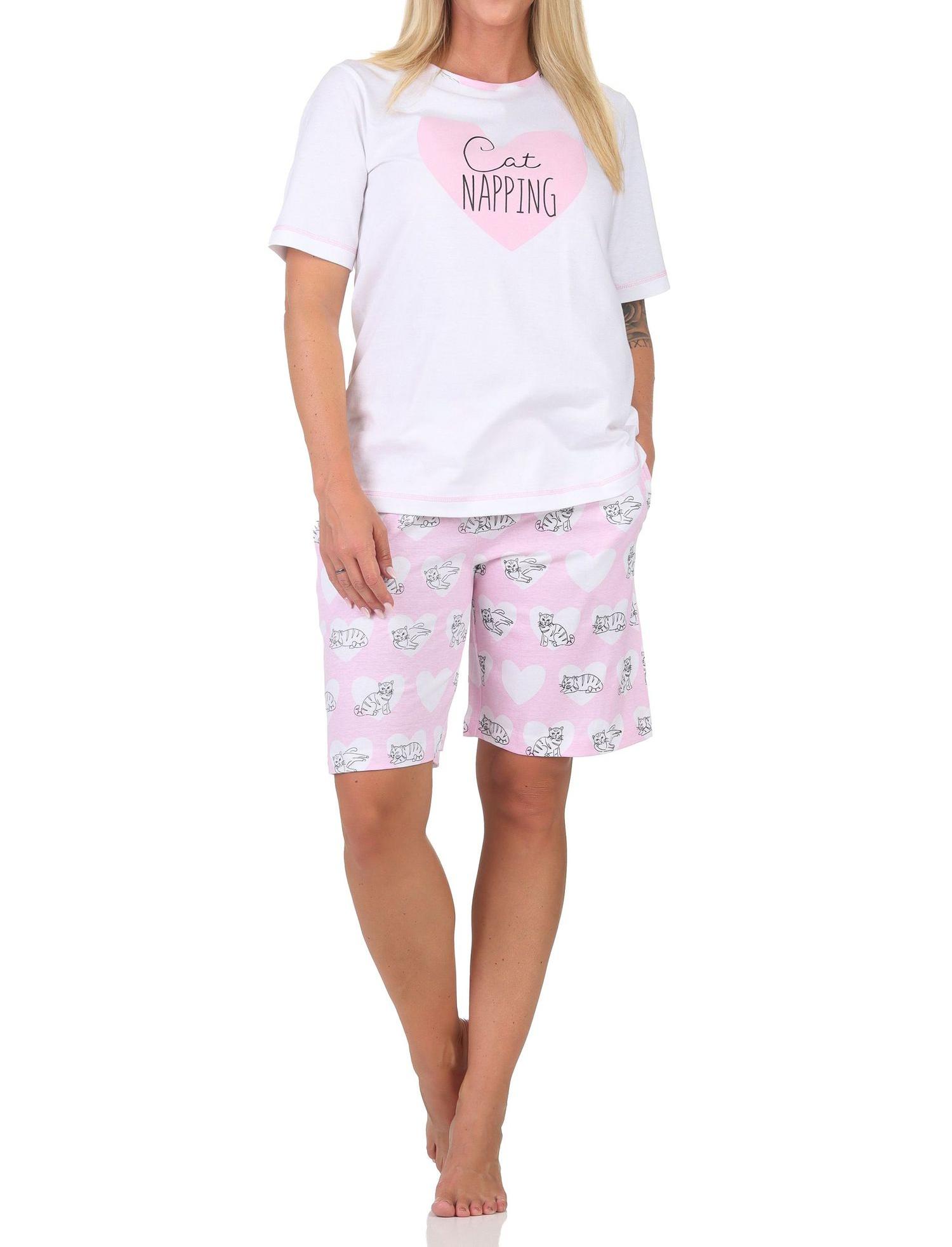 Normann Damen kurzarm Schlafanzug Shorty Pyjama mit Herz und Katzenmotiv Normann Damen kurzarm Schlafanzug Shorty Pyjama mit Herz und Katzenmotiv