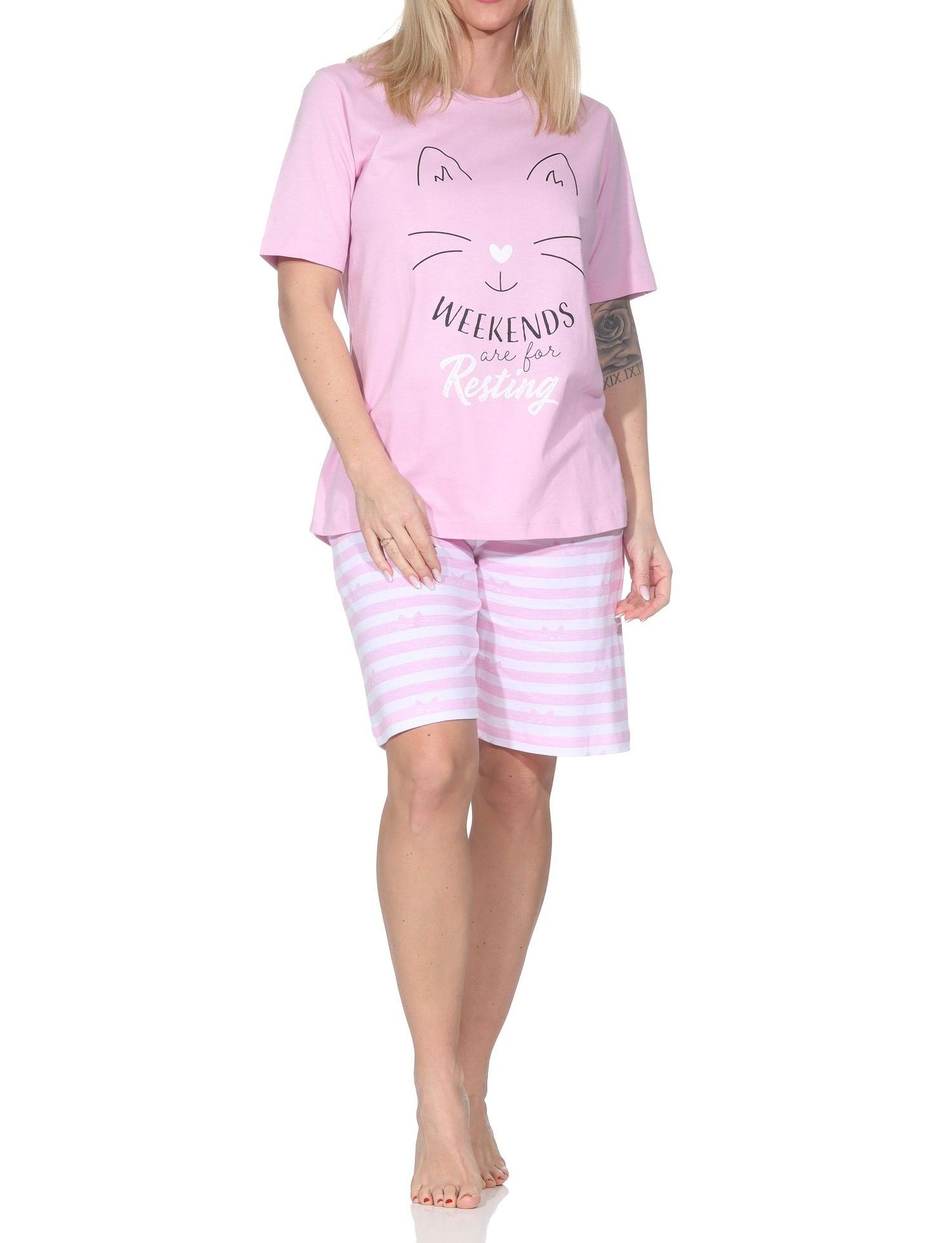 Normann Damen kurzarm Schlafanzug Shorty Pyjama in Katzen Optik – auch in Übergrößen