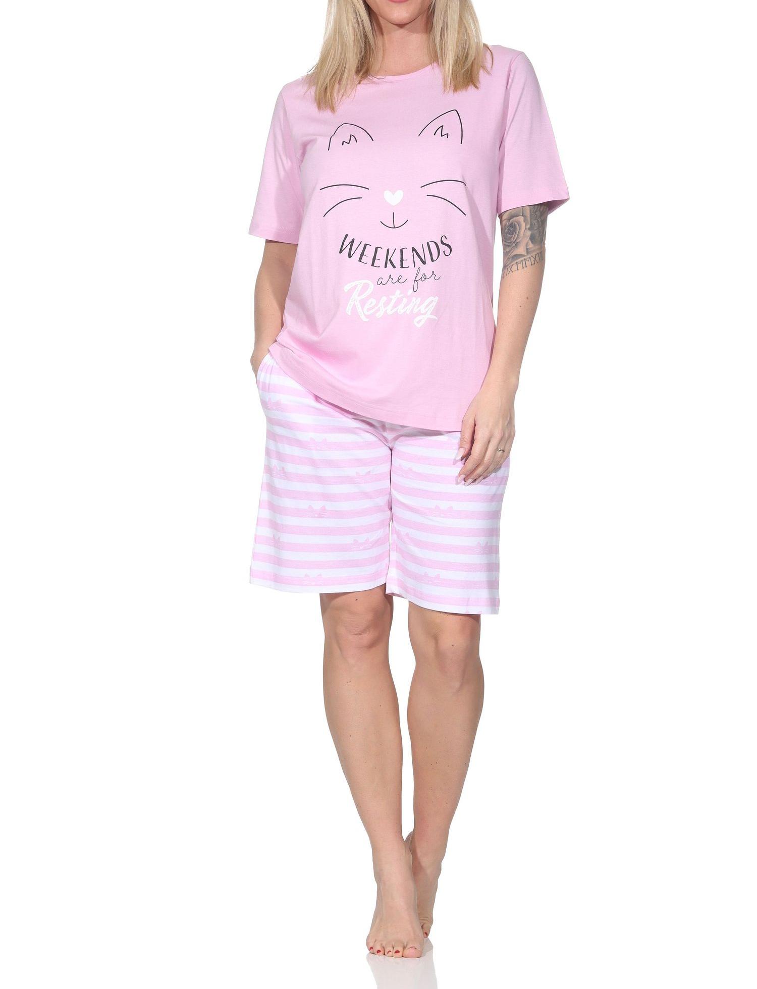 Normann Damen kurzarm Schlafanzug Shorty Pyjama in Katzen Optik – auch in Übergrößen
