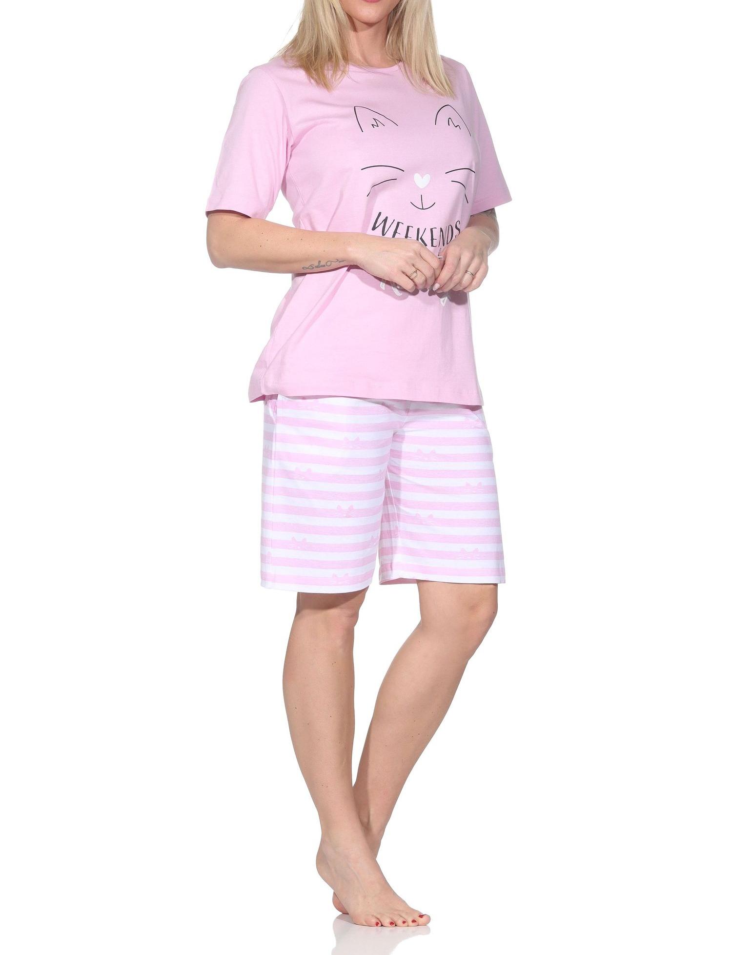 Normann Damen kurzarm Schlafanzug Shorty Pyjama in Katzen Optik – auch in Übergrößen