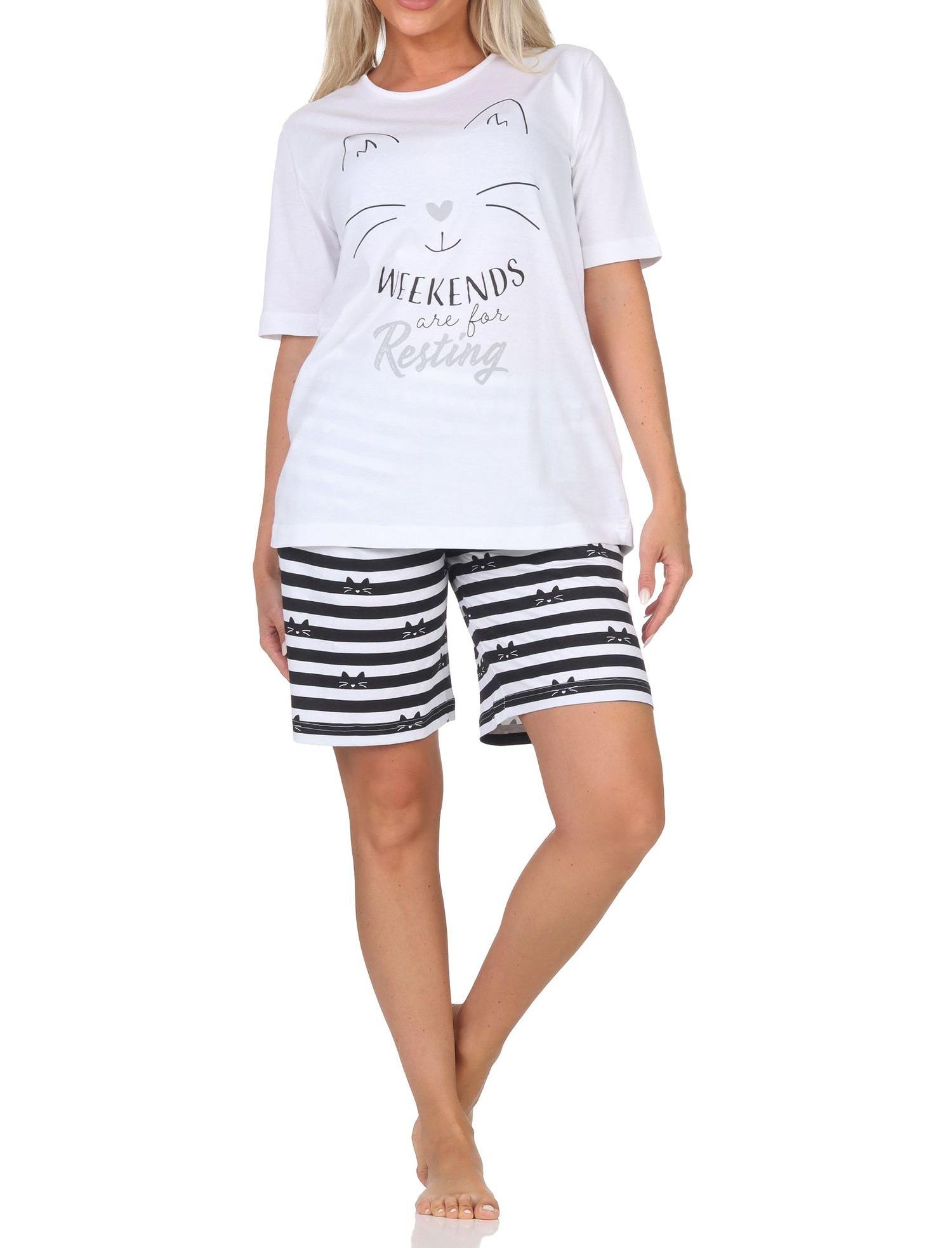 Normann Damen kurzarm Schlafanzug Shorty Pyjama in Katzen Optik – auch in Übergrößen