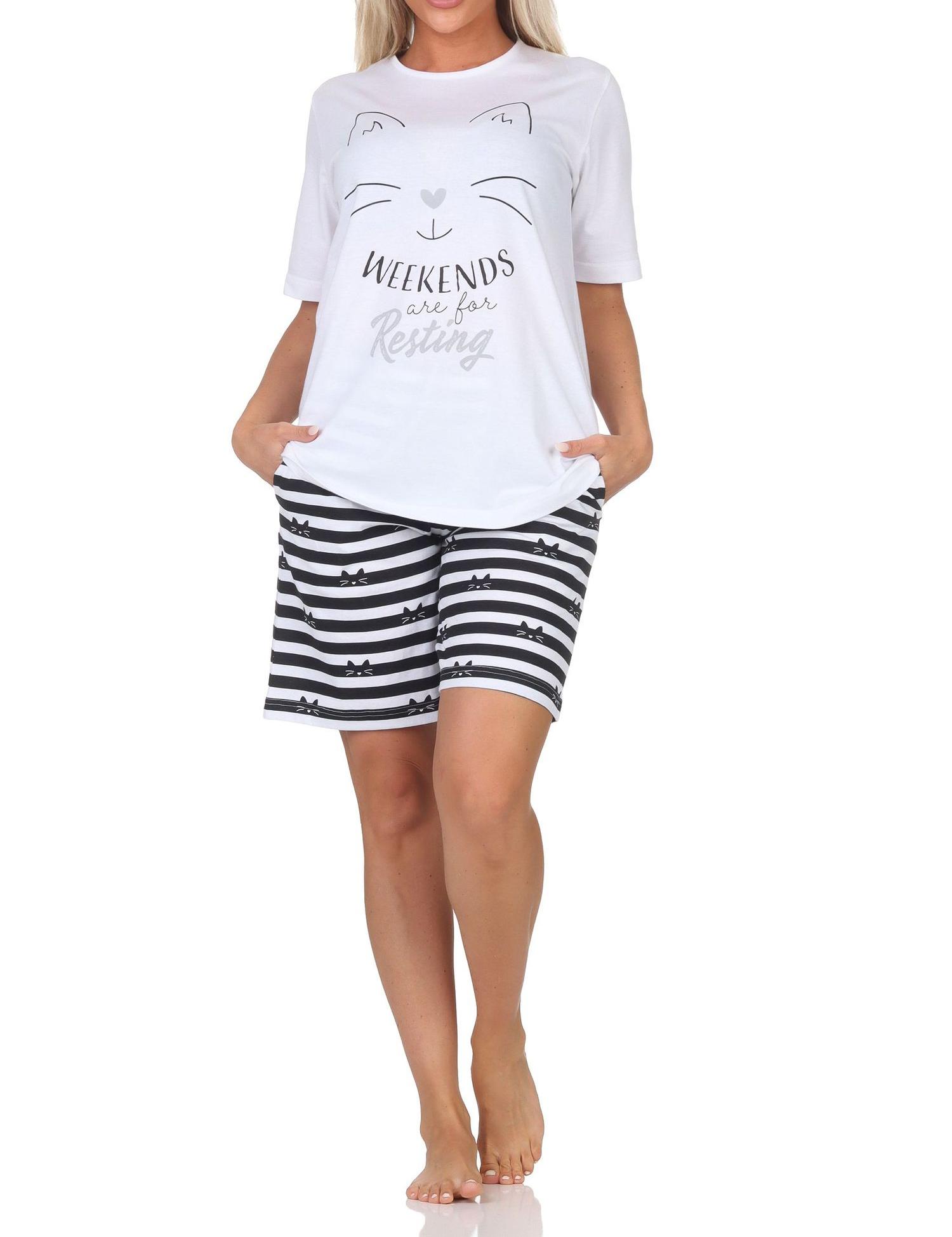 Normann Damen kurzarm Schlafanzug Shorty Pyjama in Katzen Optik – auch in Übergrößen