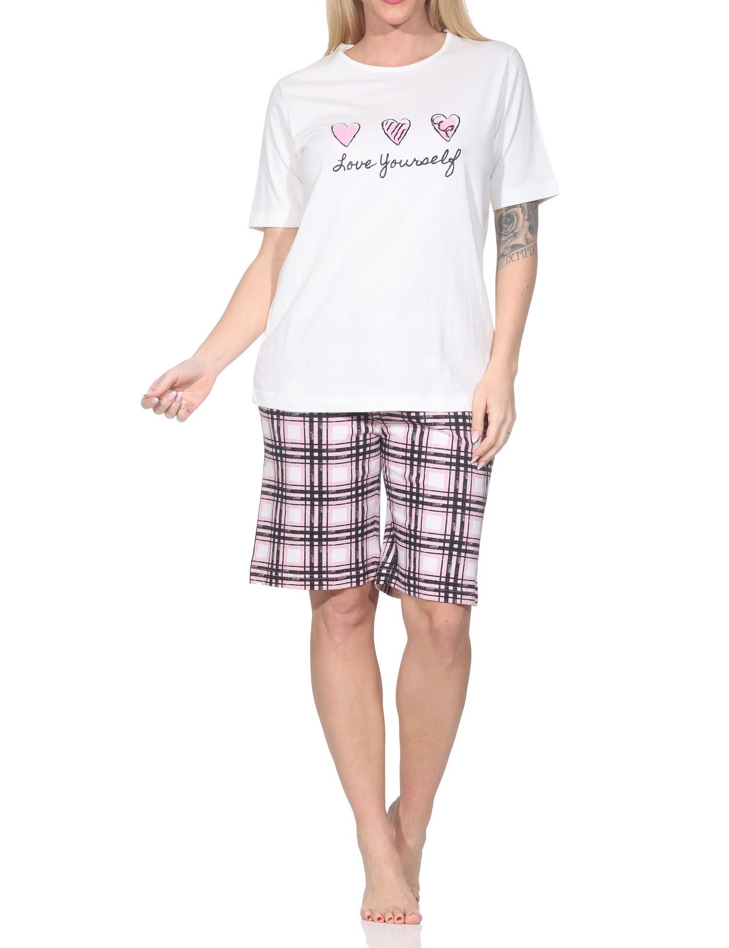 Normann Damen Schlafanzug Shorty mit karierter Pyjamahose aus Jersey - auch in Übergrößen