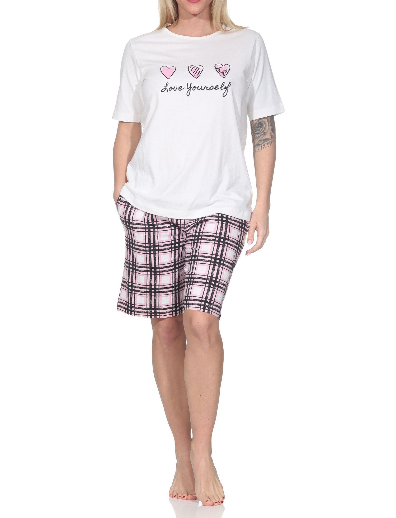 Normann Damen Schlafanzug Shorty mit karierter Pyjamahose aus Jersey - auch in Übergrößen