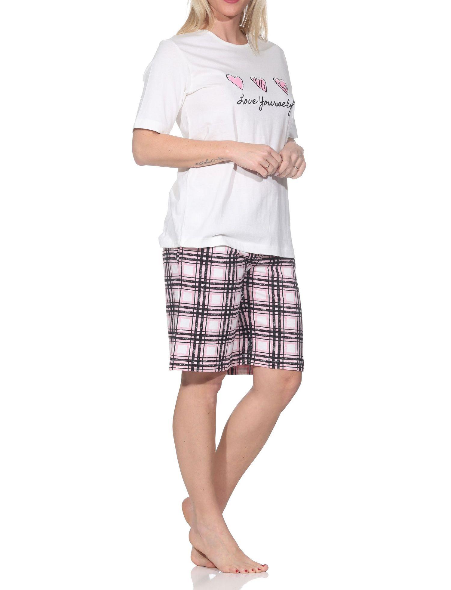 Normann Damen Schlafanzug Shorty mit karierter Pyjamahose aus Jersey - auch in Übergrößen