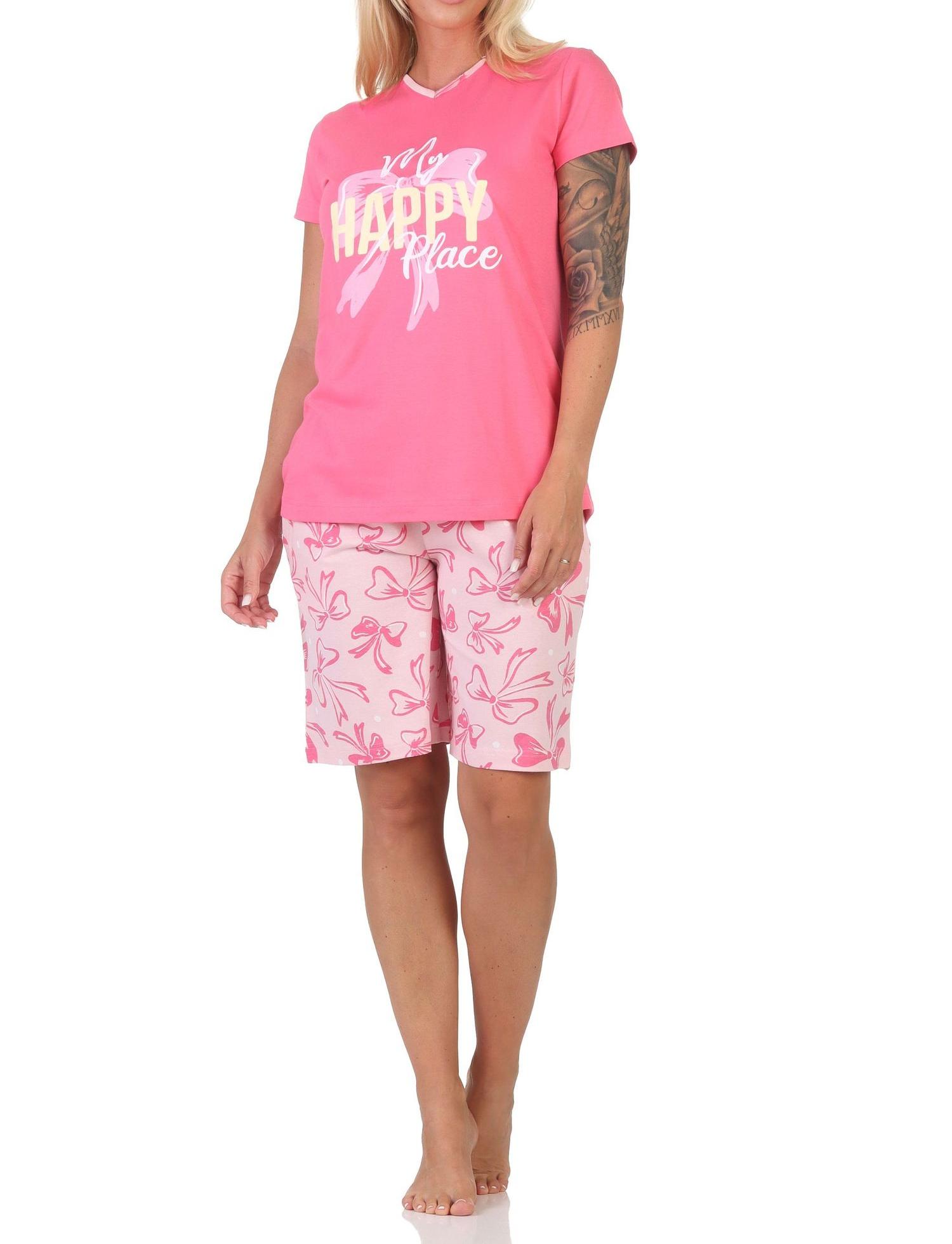 Normann Damen Schlafanzug kurzarm Shorty Pyjama in edler Optik mit Schleifen als Motiv Normann Damen Schlafanzug kurzarm Shorty Pyjama in edler Optik mit Schleifen als Motiv
