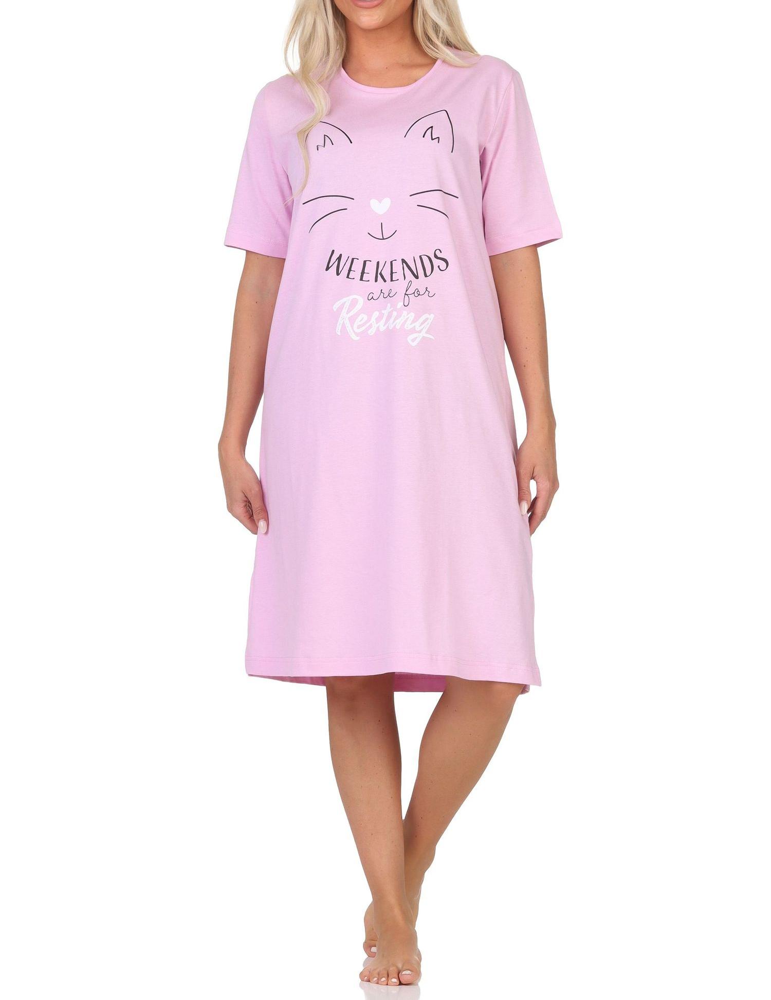 Normann Damen kurzarm Nachthemd in Katzen Optik – auch in Übergrößen