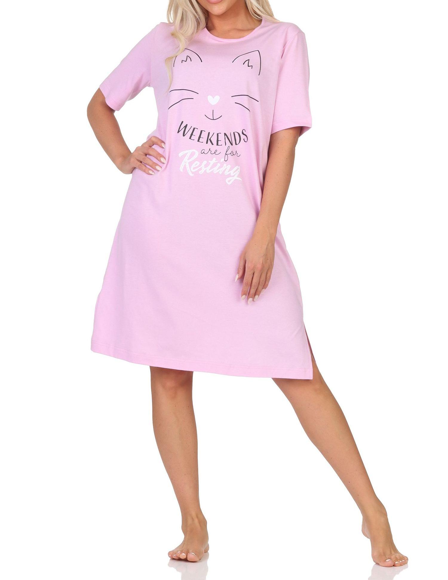 Normann Damen kurzarm Nachthemd in Katzen Optik – auch in Übergrößen