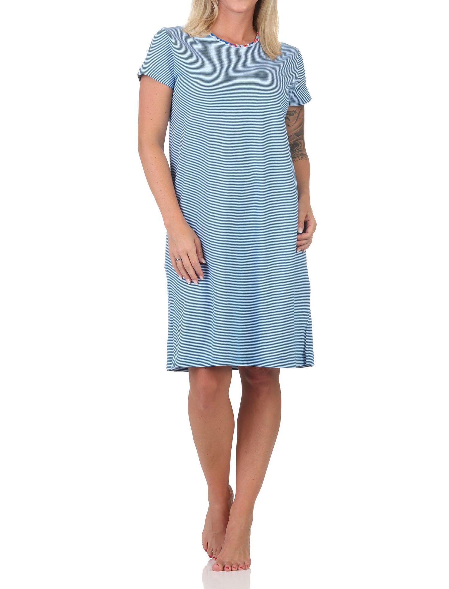 Normann Damen kurzarm Nachthemd gestreift mit Spitzenbesatz – auch in Übergröße erhältlich
