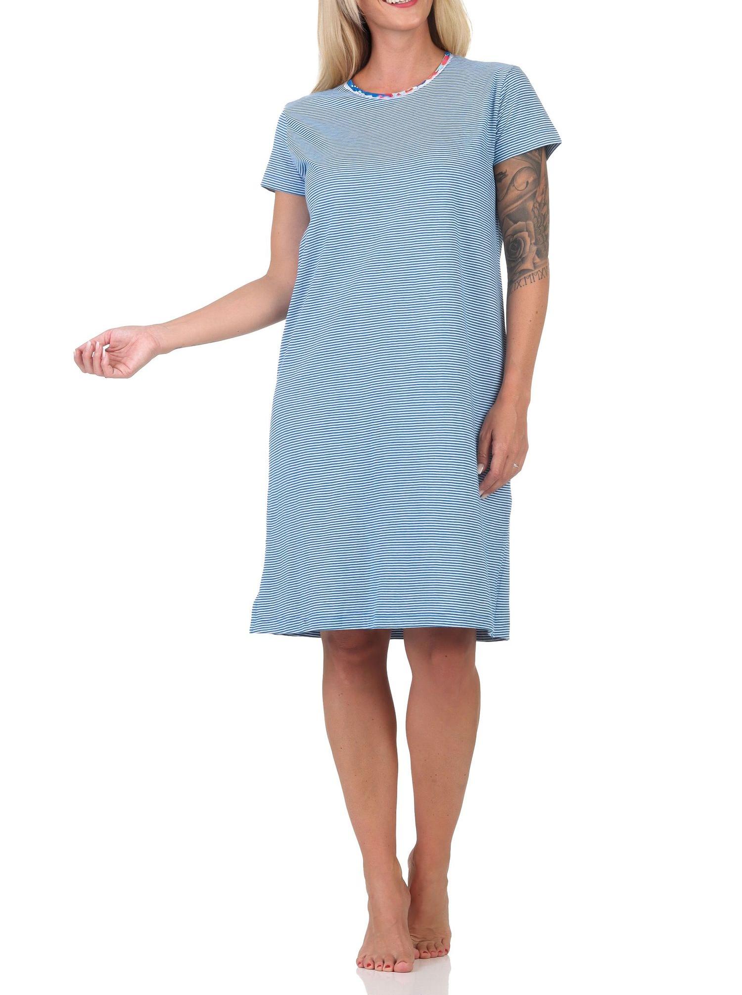 Normann Damen kurzarm Nachthemd gestreift mit Spitzenbesatz – auch in Übergröße erhältlich