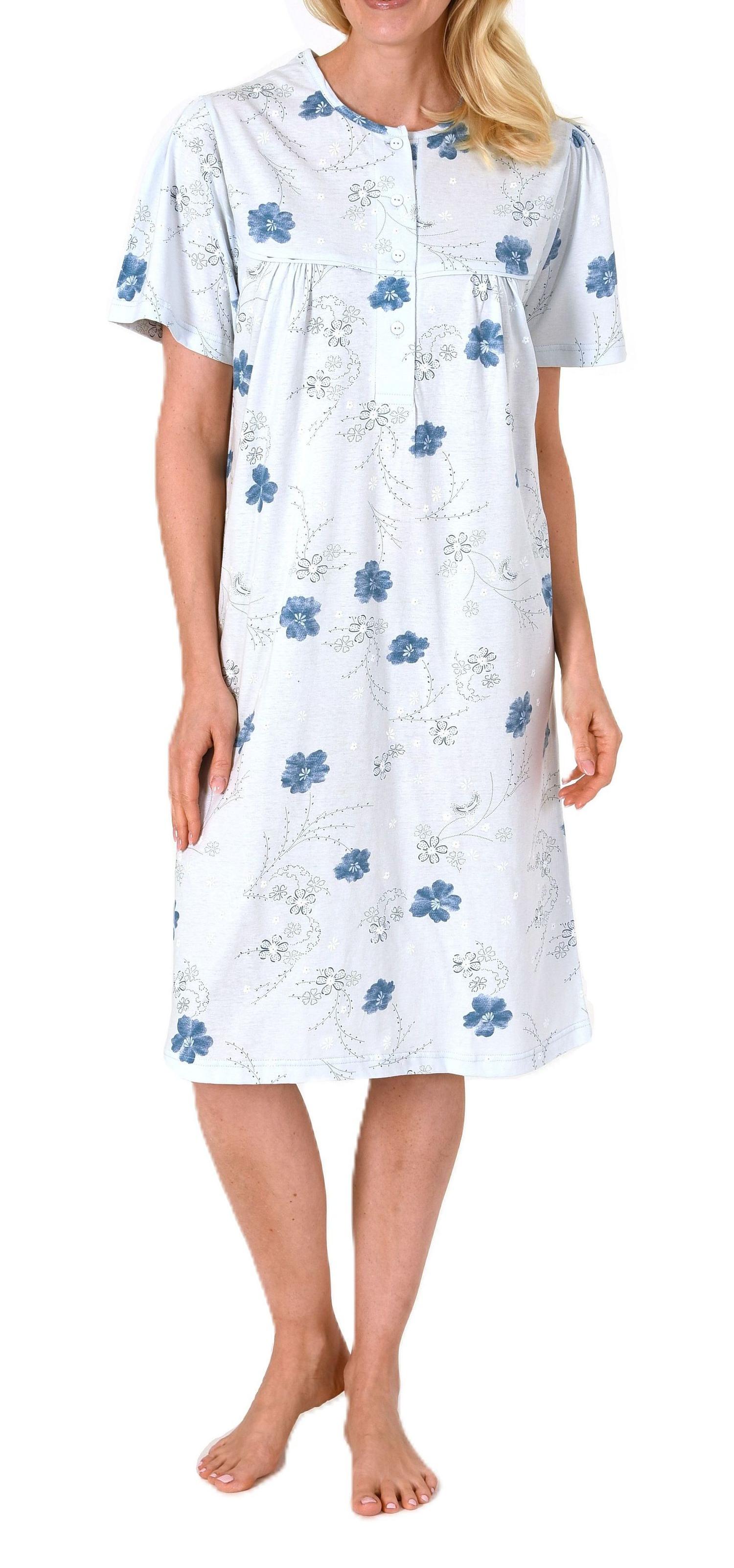 Frauliches kurzarm Damen Nachthemd in klassischer Optik,105 cm Länge, Knopfleiste am Hals