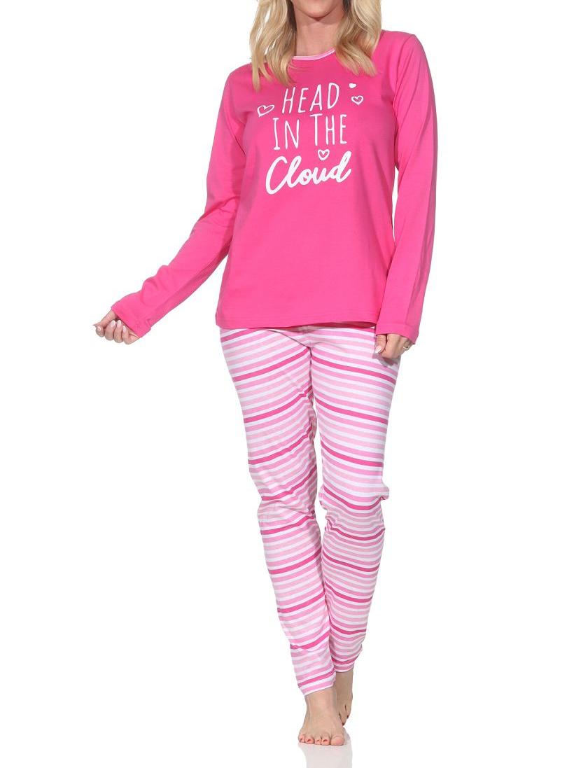 Normann Damen Schlafanzug langarm Pyjama mit Pyjamahose in Streifenoptik