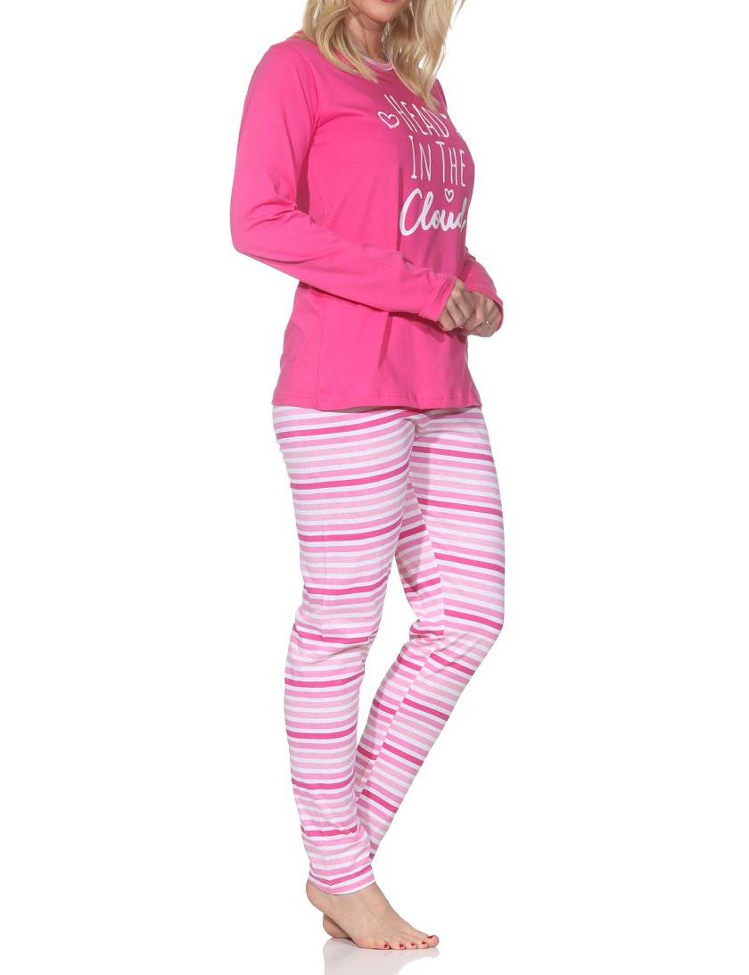 Normann Damen Schlafanzug langarm Pyjama mit Pyjamahose in Streifenoptik