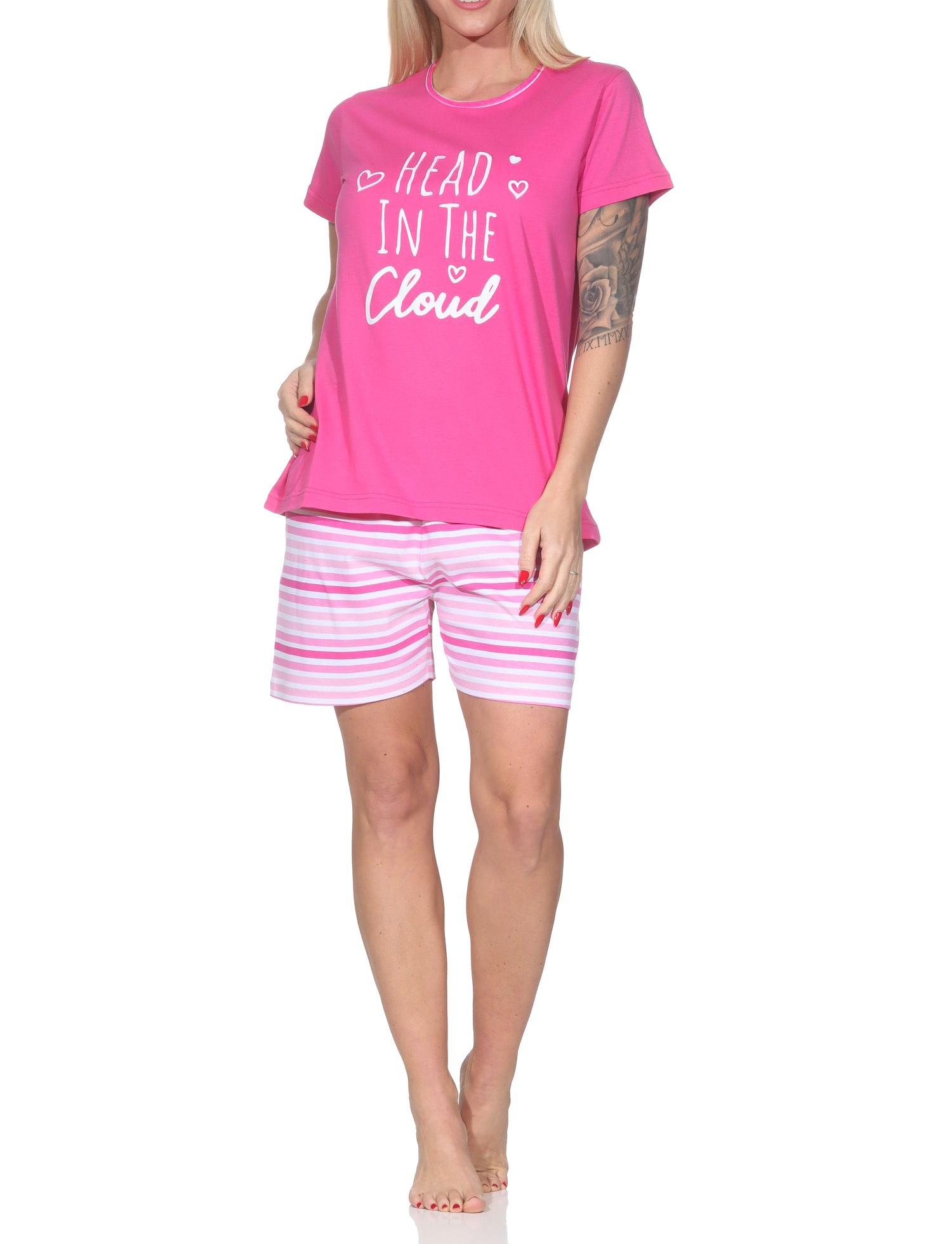 Normann Damen Schlafanzug kurzarm Shorty Pyjama mit kurzer Pyjamahose in Streifenoptik