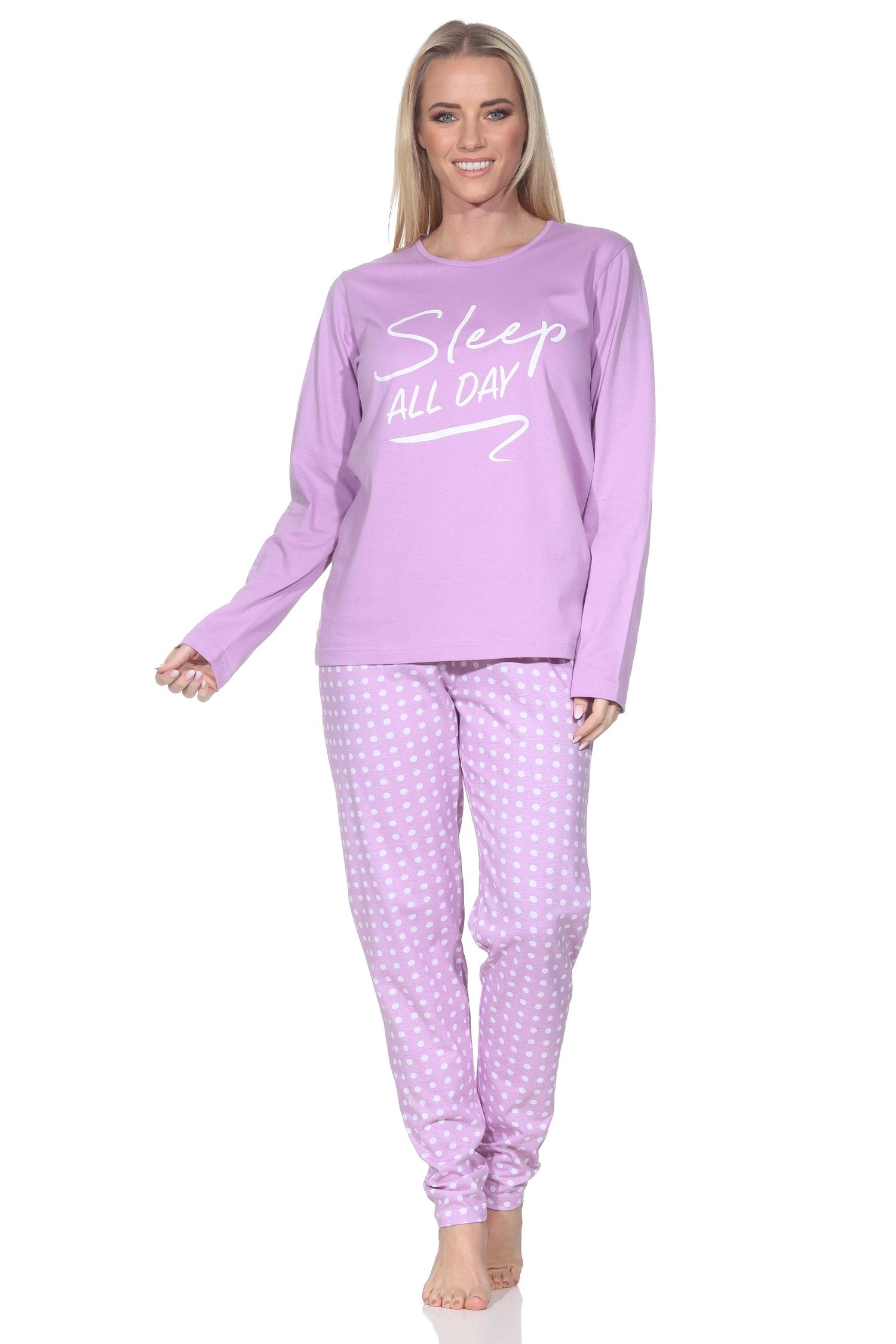 Normann Damen Schlafanzug langarm Pyjama mit gepunkteter Pyjamahose und mit Frontprint Normann Damen Schlafanzug langarm Pyjama mit gepunkteter Pyjamahose und mit Frontprint