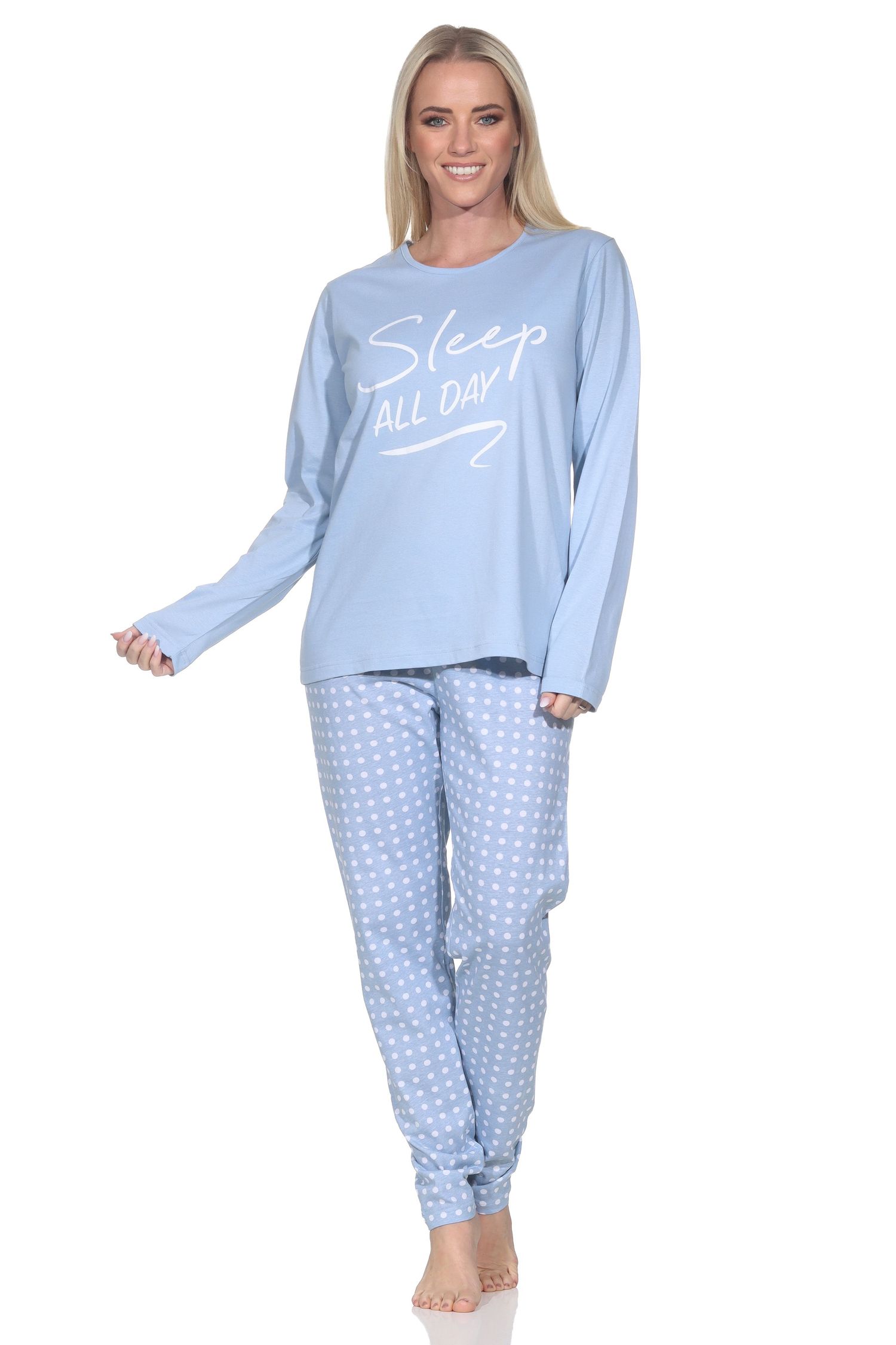 Normann Damen Schlafanzug langarm Pyjama mit karierter Pyjamahose und mit Frontprint Normann Damen Schlafanzug langarm Pyjama mit gepunkteter Pyjamahose und mit Frontprint