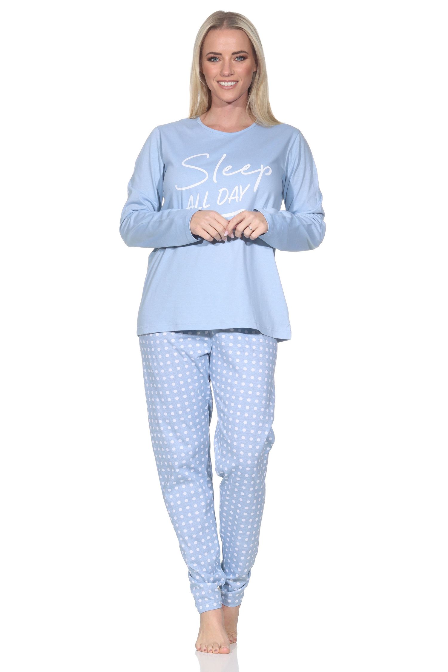 Normann Damen Schlafanzug langarm Pyjama mit karierter Pyjamahose und mit Frontprint Normann Damen Schlafanzug langarm Pyjama mit gepunkteter Pyjamahose und mit Frontprint