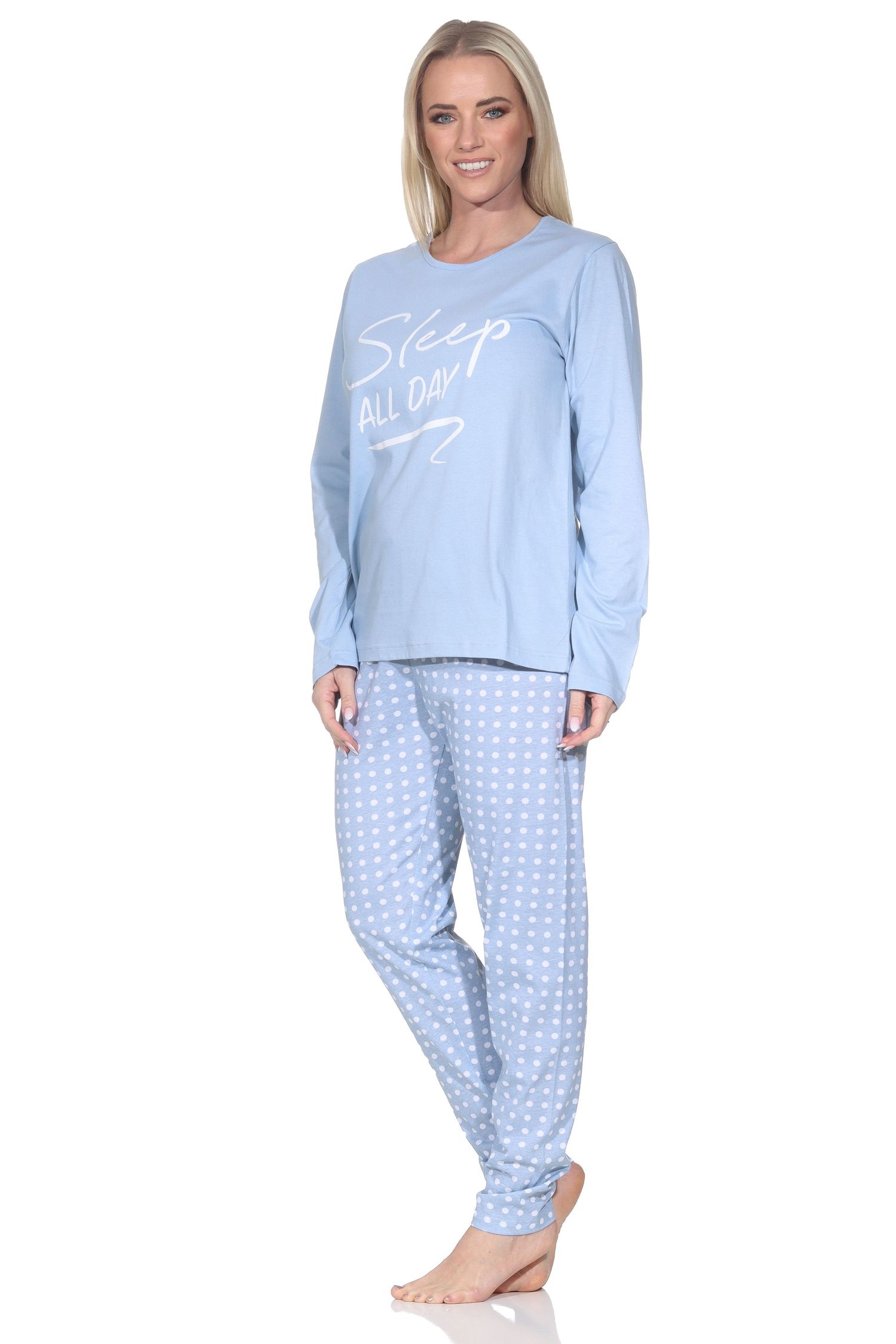 Normann Damen Schlafanzug langarm Pyjama mit karierter Pyjamahose und mit Frontprint Normann Damen Schlafanzug langarm Pyjama mit gepunkteter Pyjamahose und mit Frontprint