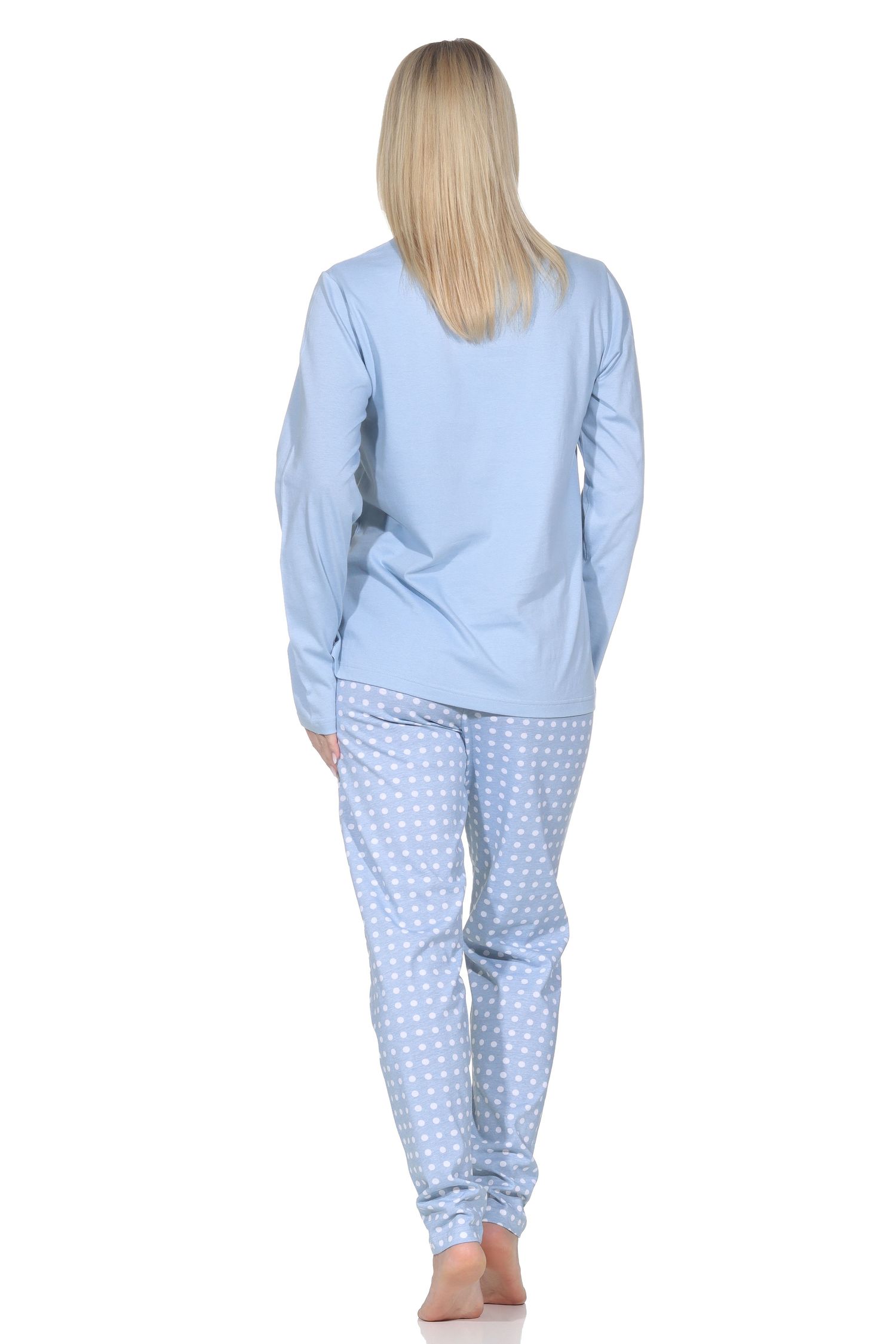 Normann Damen Schlafanzug langarm Pyjama mit karierter Pyjamahose und mit Frontprint Normann Damen Schlafanzug langarm Pyjama mit gepunkteter Pyjamahose und mit Frontprint