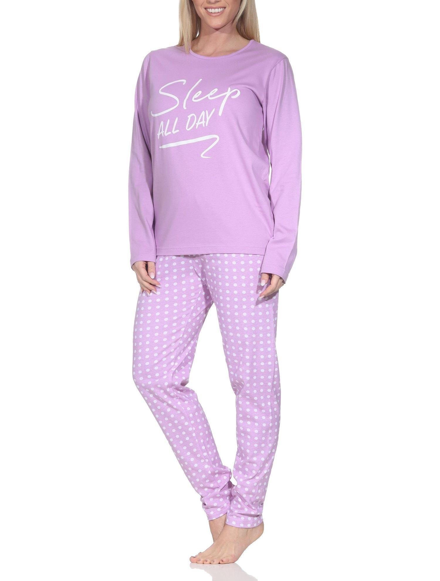 Normann Damen Schlafanzug langarm Pyjama mit gepunkteter Pyjamahose und mit Frontprint