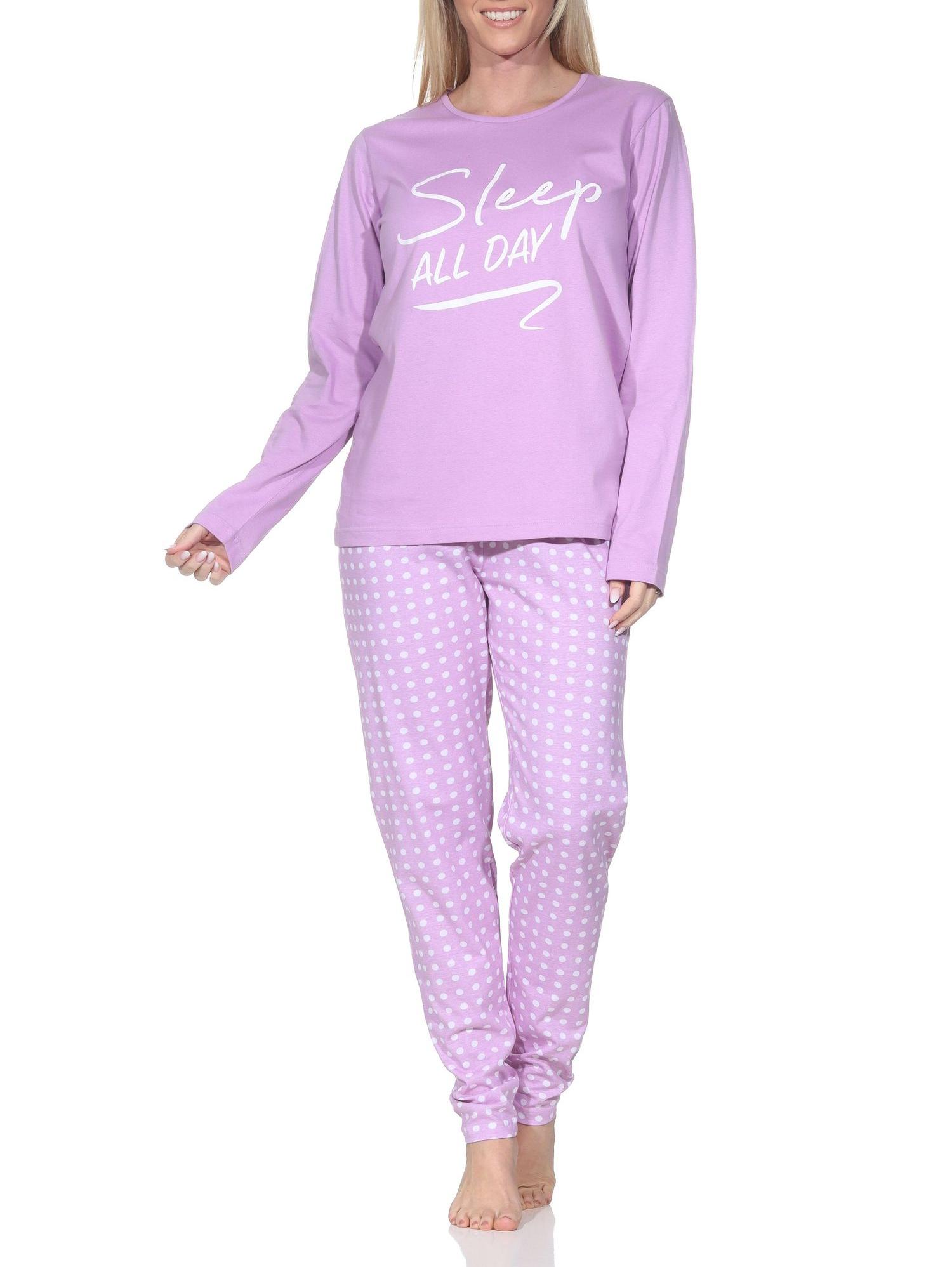 Normann Damen Schlafanzug langarm Pyjama mit gepunkteter Pyjamahose und mit Frontprint