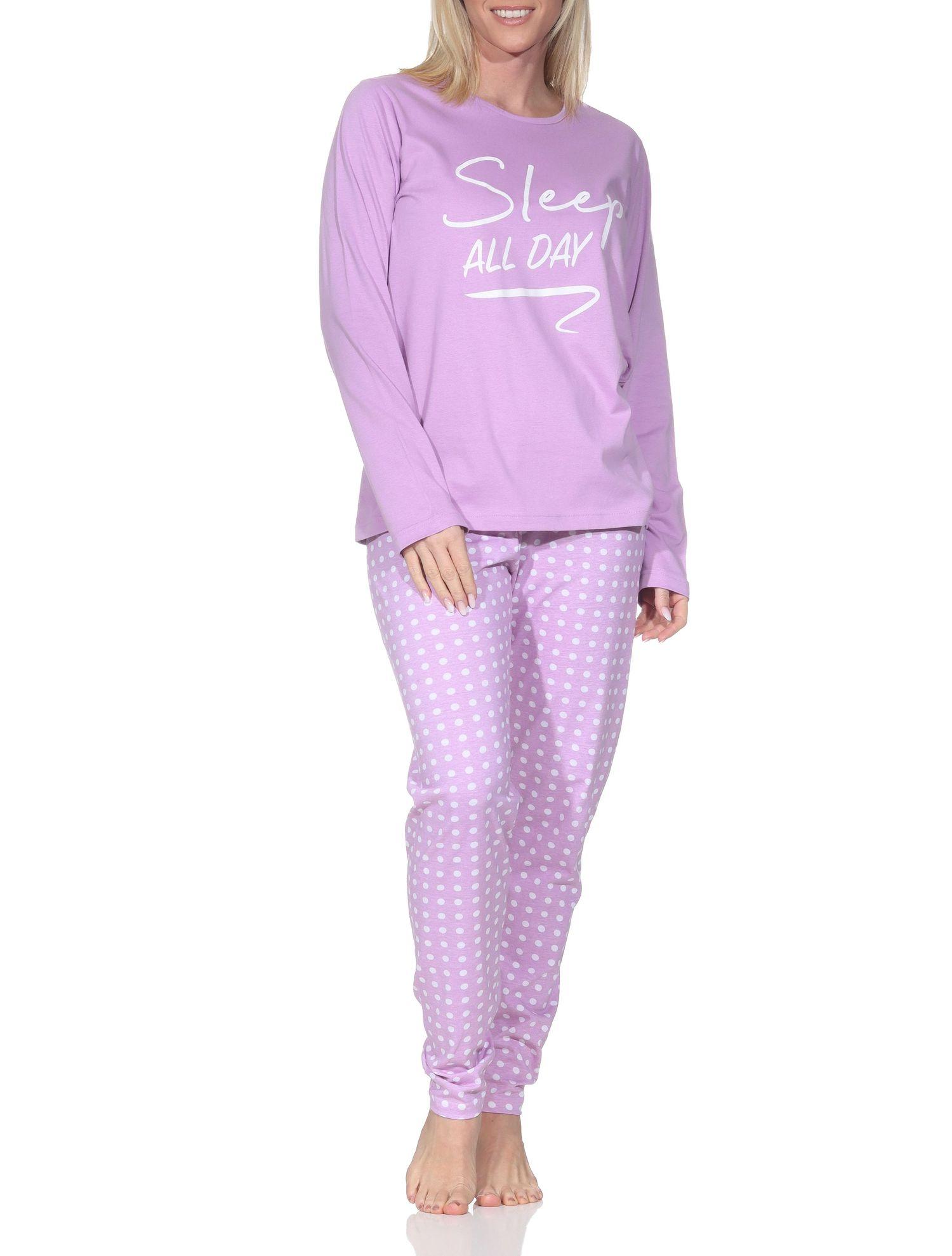 Normann Damen Schlafanzug langarm Pyjama mit gepunkteter Pyjamahose und mit Frontprint