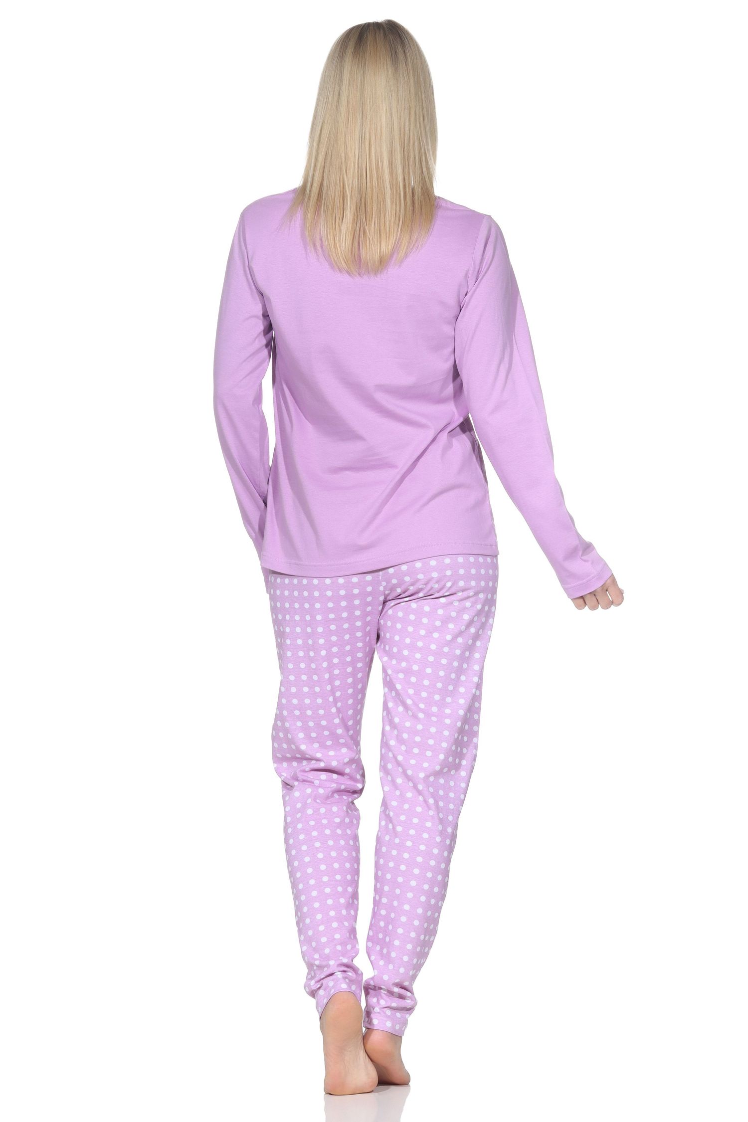 Normann Damen Schlafanzug langarm Pyjama mit karierter Pyjamahose und mit Frontprint Normann Damen Schlafanzug langarm Pyjama mit gepunkteter Pyjamahose und mit Frontprint