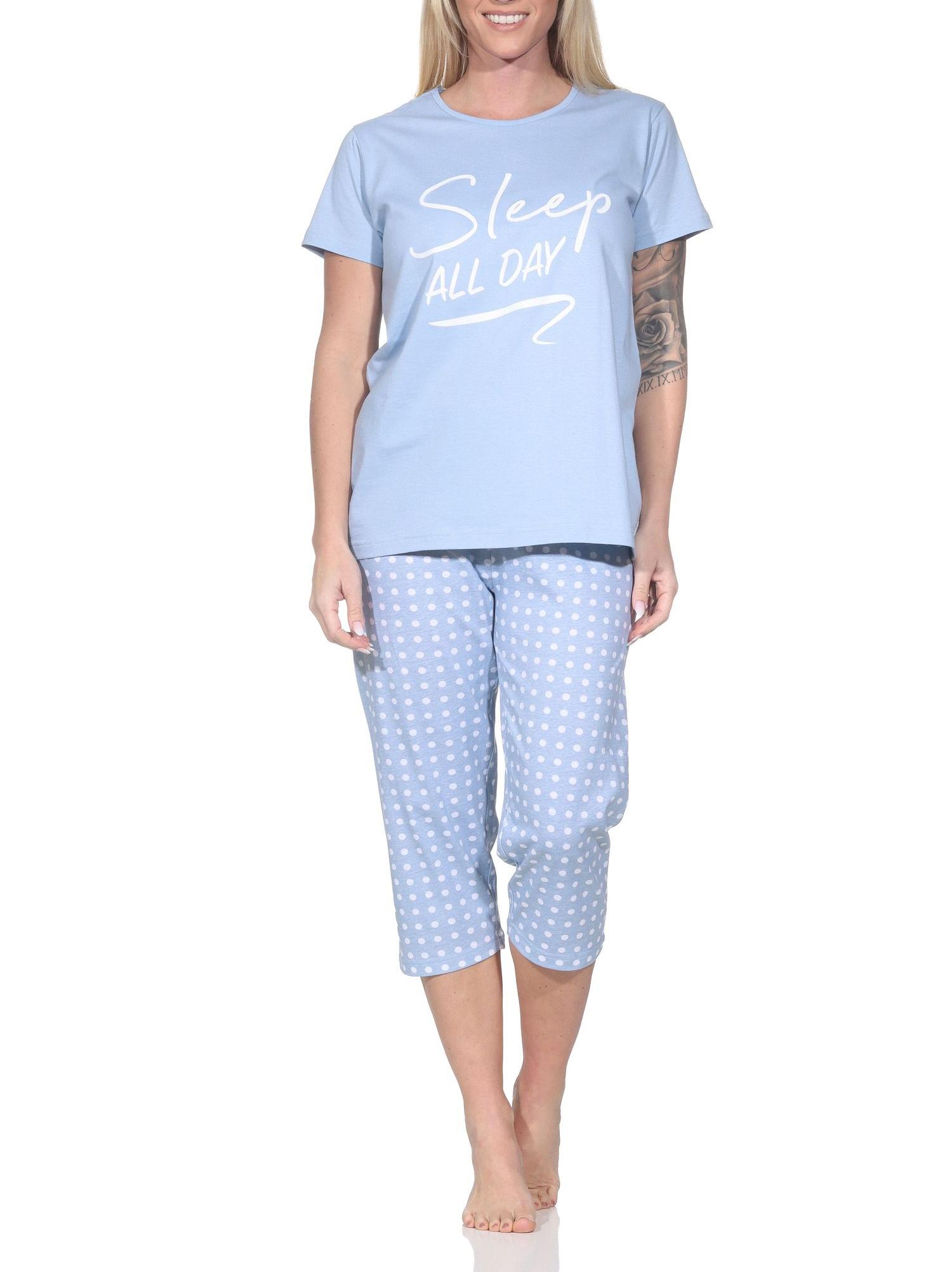 Normann Damen Schlafanzug kurzarm Pyjama mit Capri-Pyjamahose in gepunkteter Optik Normann Damen Schlafanzug kurzarm Pyjama mit Capri-Pyjamahose in gepunkteter Optik
