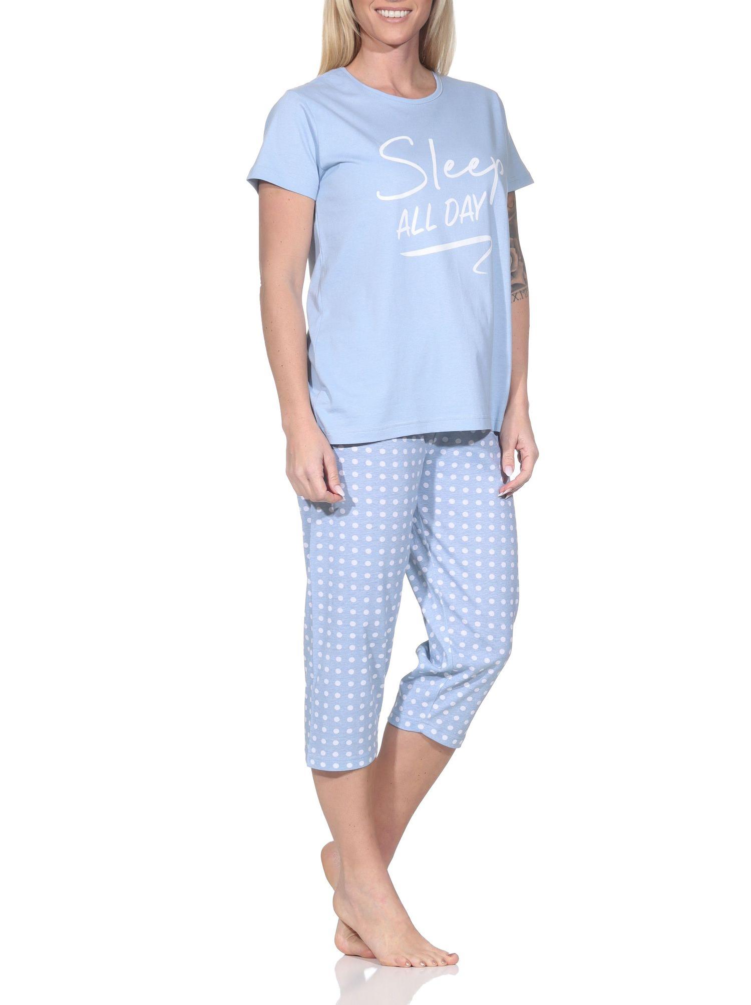 Normann Damen Schlafanzug kurzarm Pyjama mit Capri-Pyjamahose in gepunkteter Optik Normann Damen Schlafanzug kurzarm Pyjama mit Capri-Pyjamahose in gepunkteter Optik